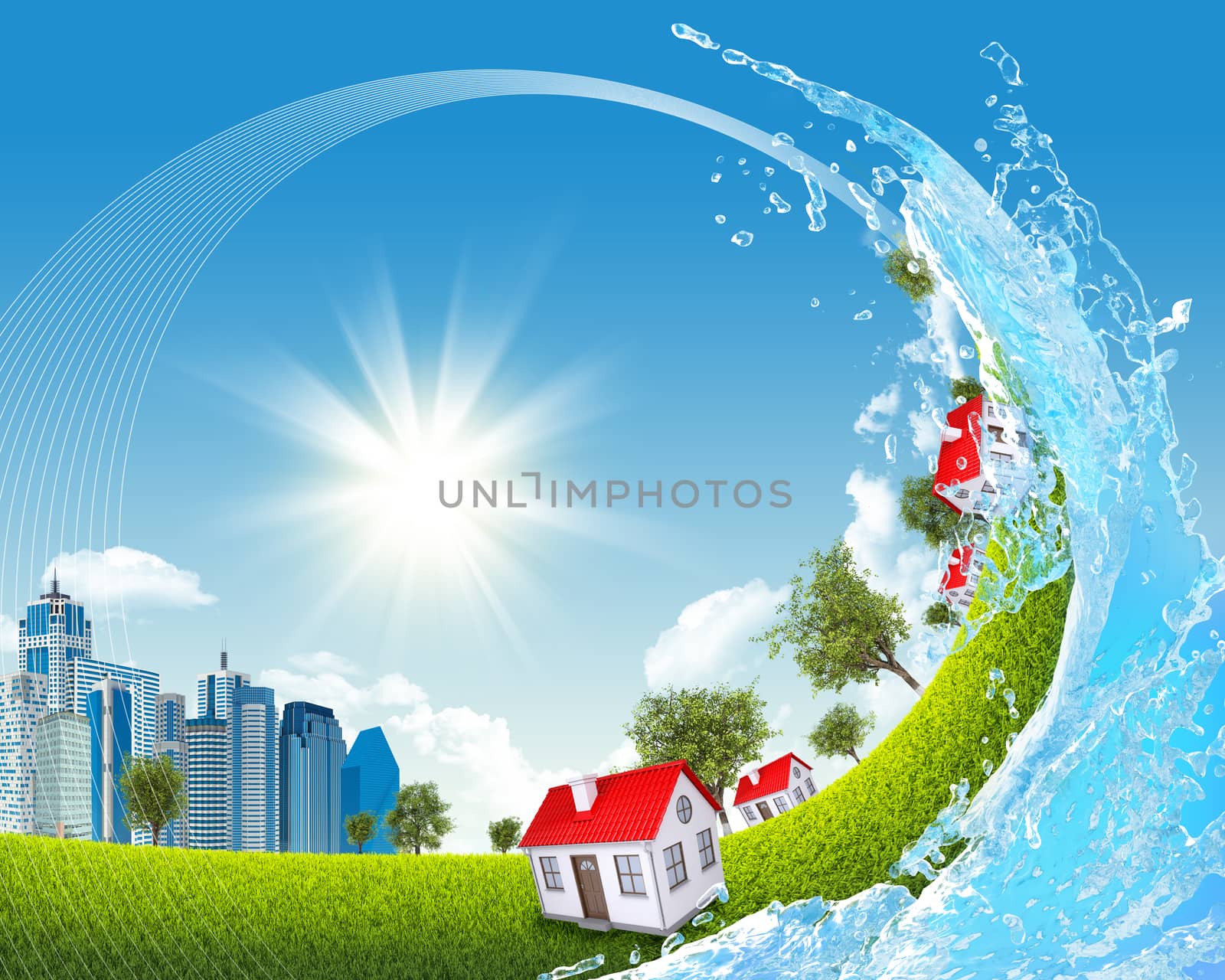 City bug eye view on green grass under blue sky with white clouds inside ocean wave