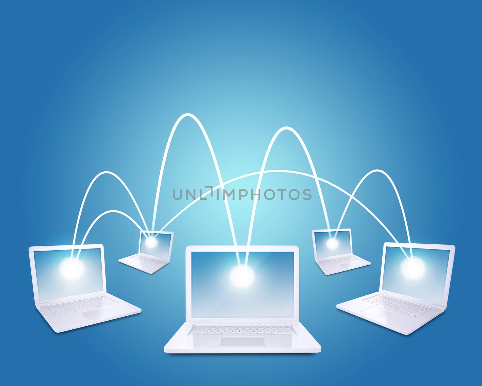 Set of connected laptops on blue background, front view