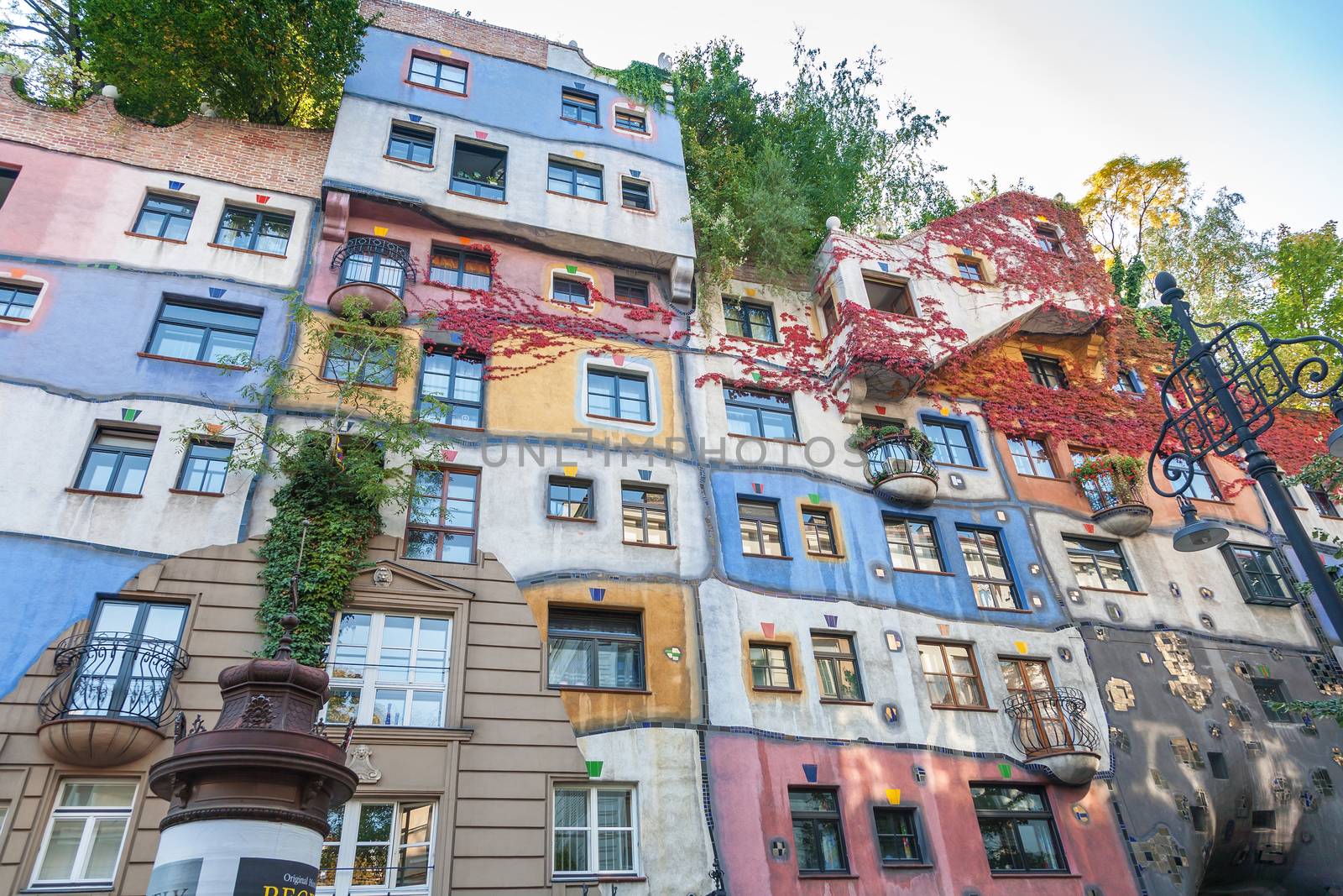 VIENNA, AUSTRIA - SEPTEMBER 30, 2008  Colorful facade of the famous Hundertwasserhaus in Vienna, Austria, an apartment house built after the idea and concept of Friedensreich Hundertwasser and architect Joseph Krawina.
