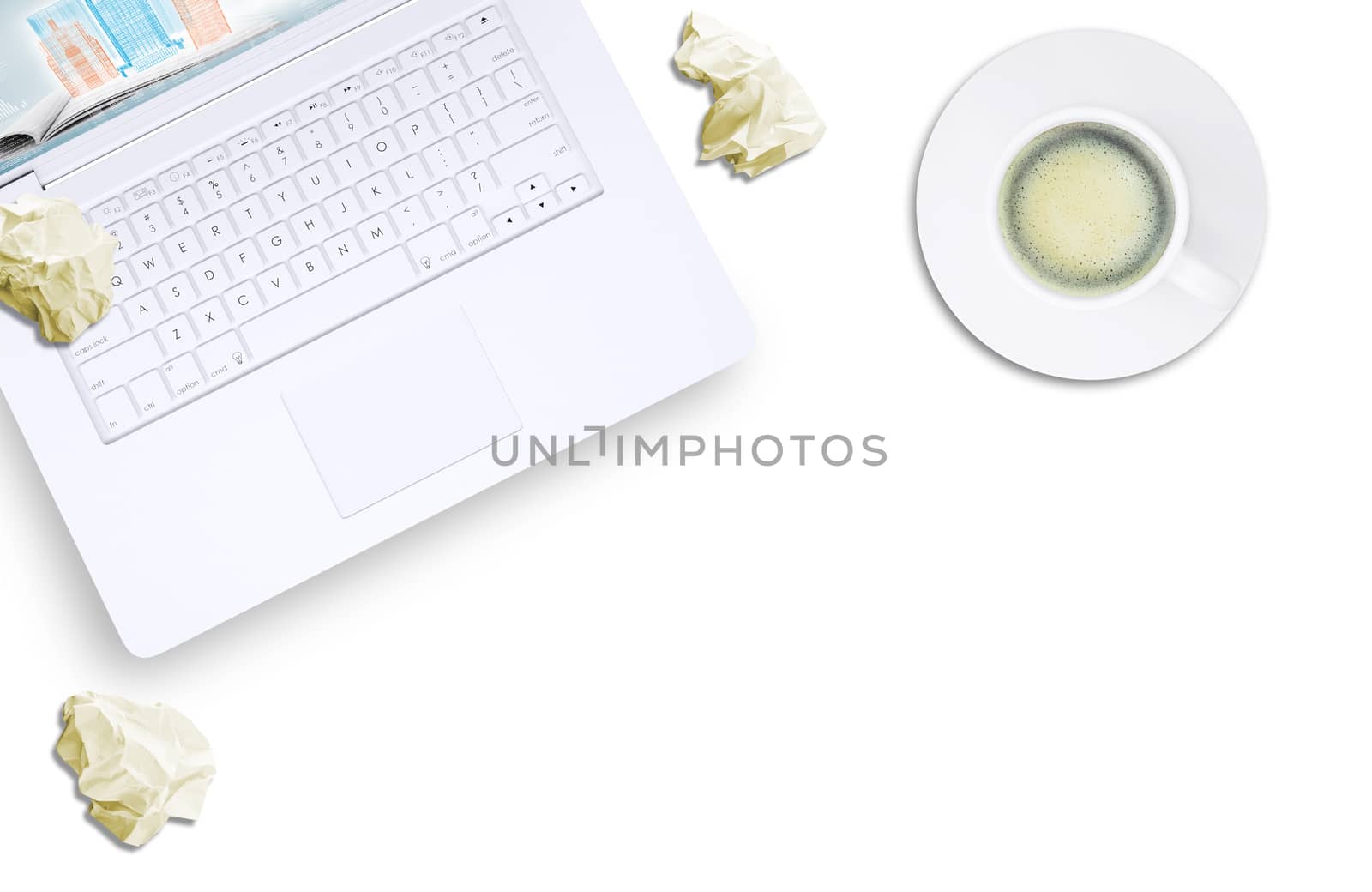 White laptop, espresso and crumpled piece of paper on isolated white background, top view. Closed up
