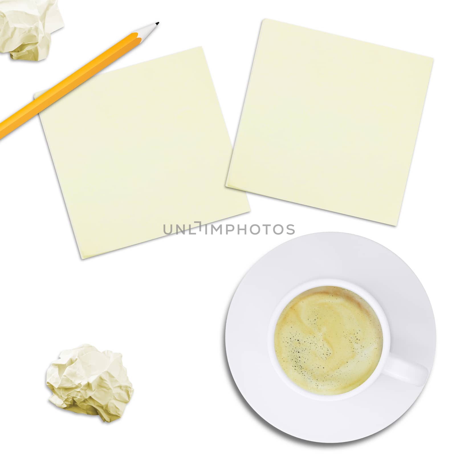 Cup with coffee and note paper on isolated white background, top view. Closed up