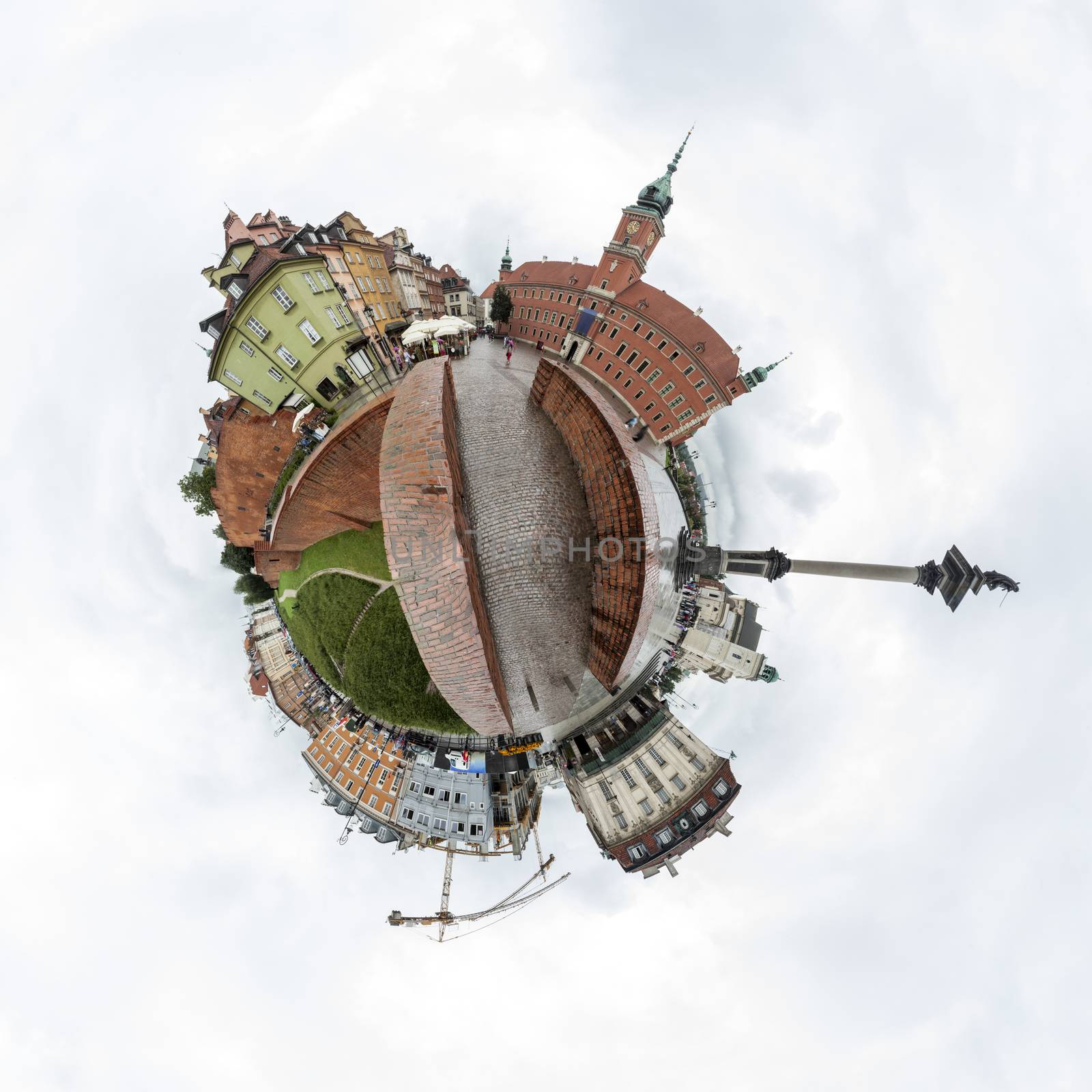 Tiny planet of the Castle Square in Old Town of Warsaw, Poland
