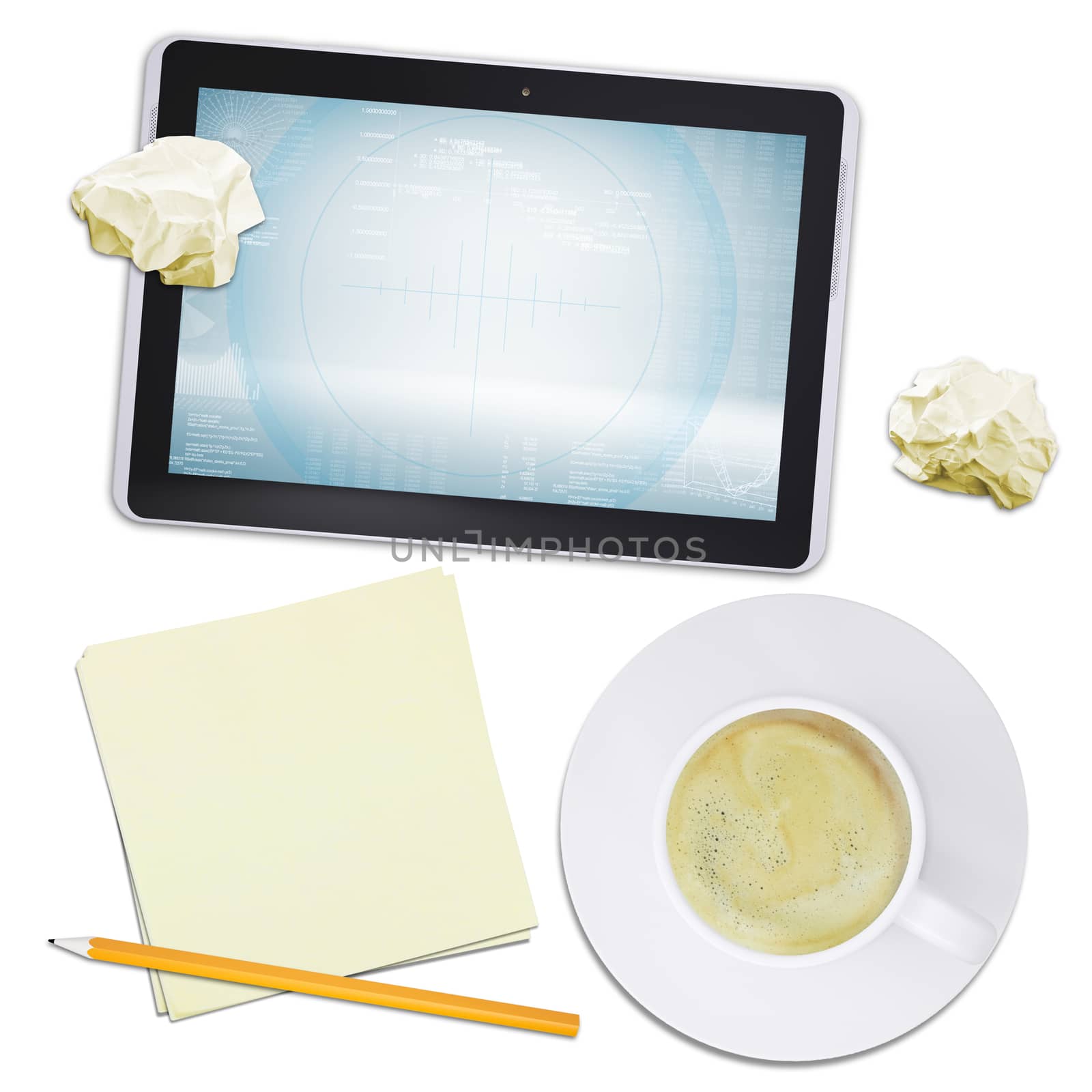 Black tablet and cup with coffee, crumpled paper on isolated white background, top view. Closed up