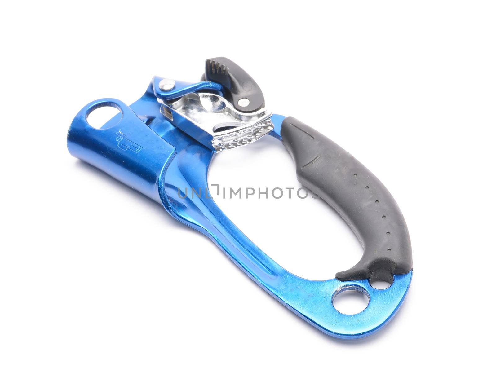 Climbing ascender, rope, carabiner, knot isolated on white. Clim by comet