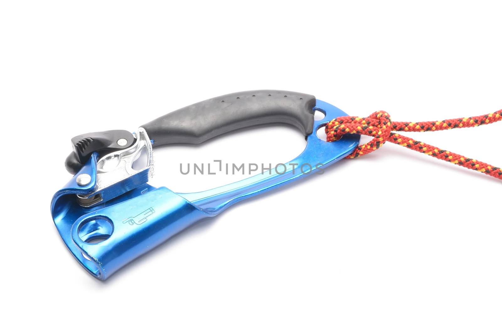 Climbing ascender, rope, carabiner, knot isolated on white. Climbing tools