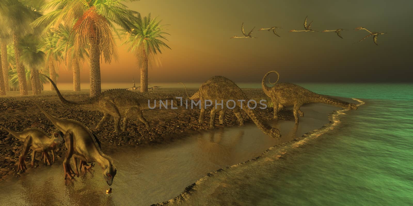 Three Uberabatitan dinosaurs share a Cretaceous seashore with two Hypsilophodon dinosaurs coming down for a drink and a flock of Quetzalcoatlus birds.