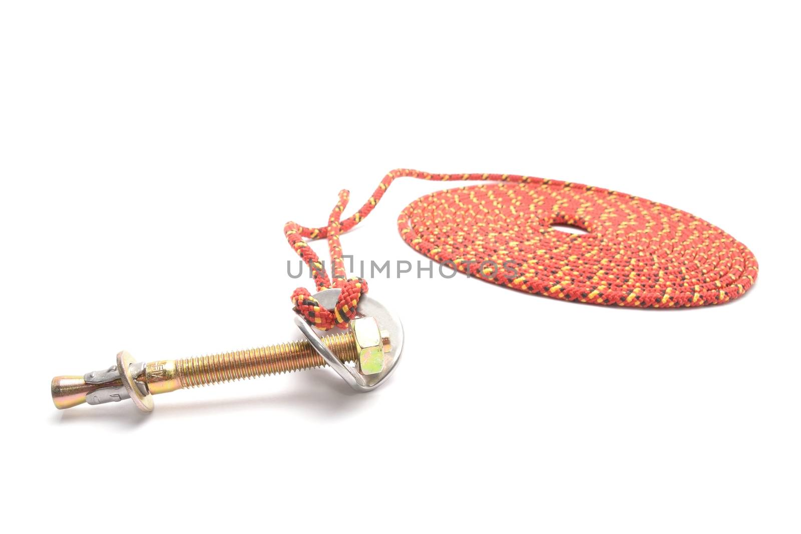 steel anchor eye and rope on white background by comet