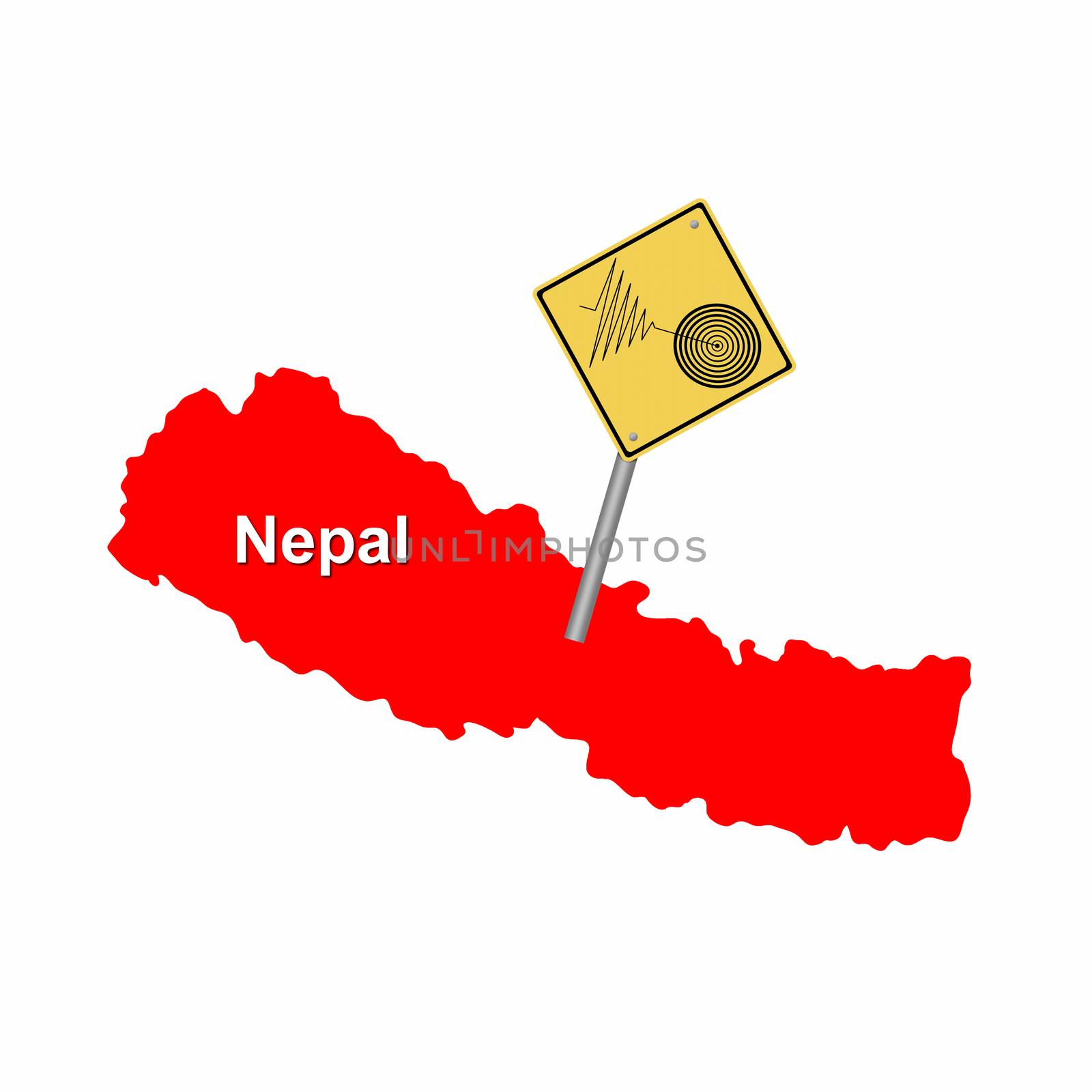 Red map of Nepal with a tremore warning sign.