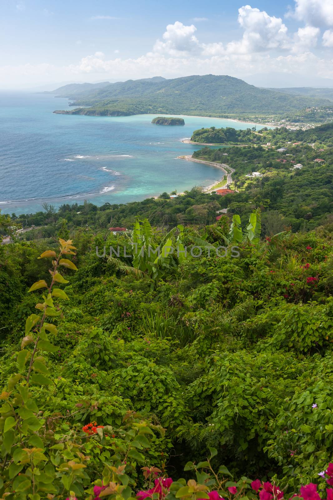 Jamaican Beach A. Caribbean white sand beach on the northern coast of Jamaica, near Dunn's River Falls and the town of Ocho Rios.