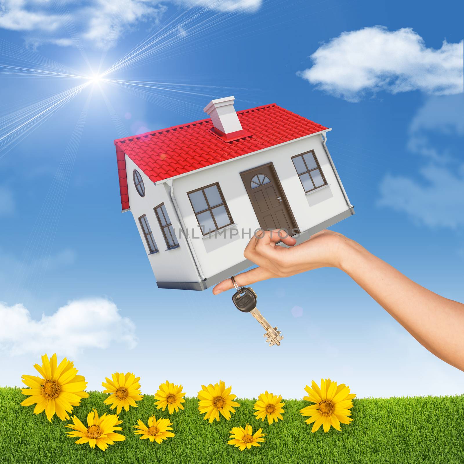 House and keys in womans hand on nature background with blue sky and yellow flowers