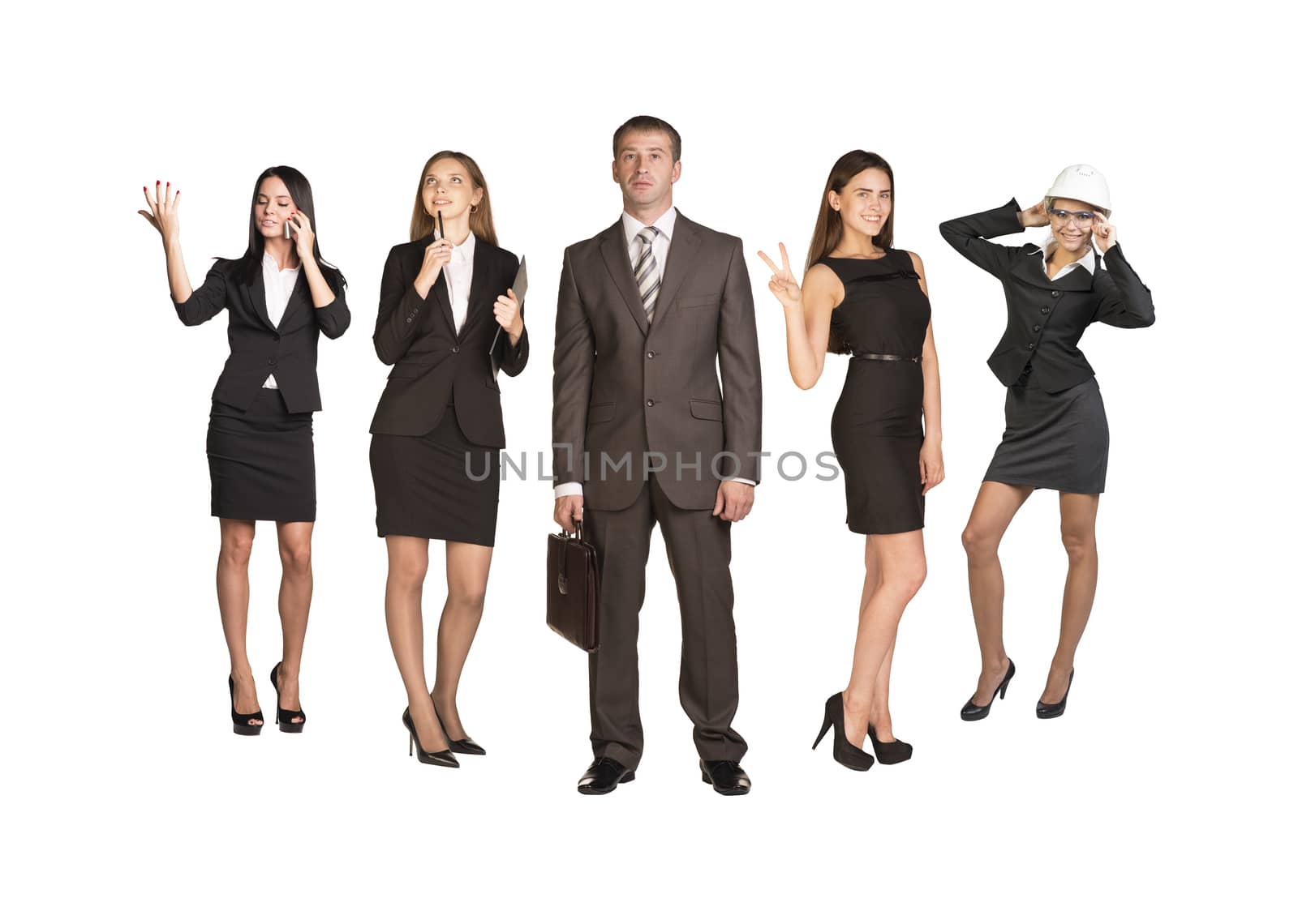 Young attractive business people with four women looking at different sides on isolated white background