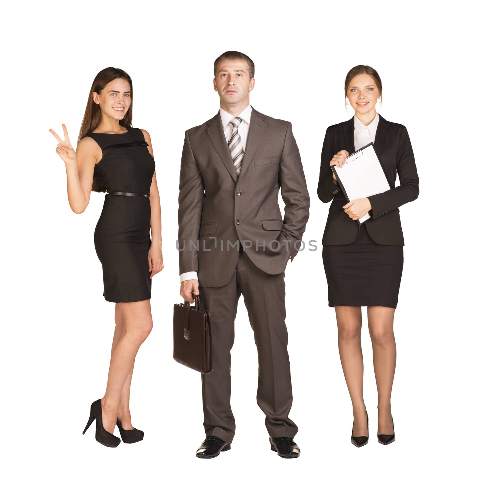 Young attractive business people with women holding blank folder, looking at camera on isolated white background