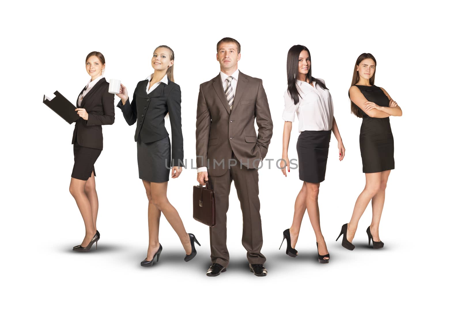 Young attractive business people with man in center looking at camera on isolated white background