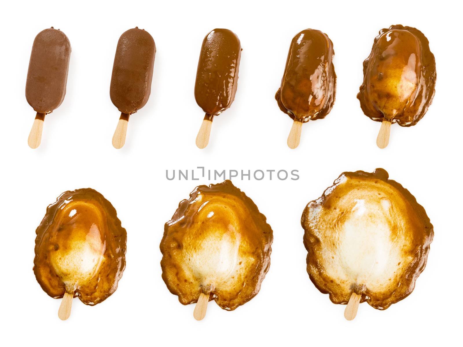 Photo of a vanilla ice cream stick covered in chocolate in an eight stage melting progression. Clipping paths for each stage included.