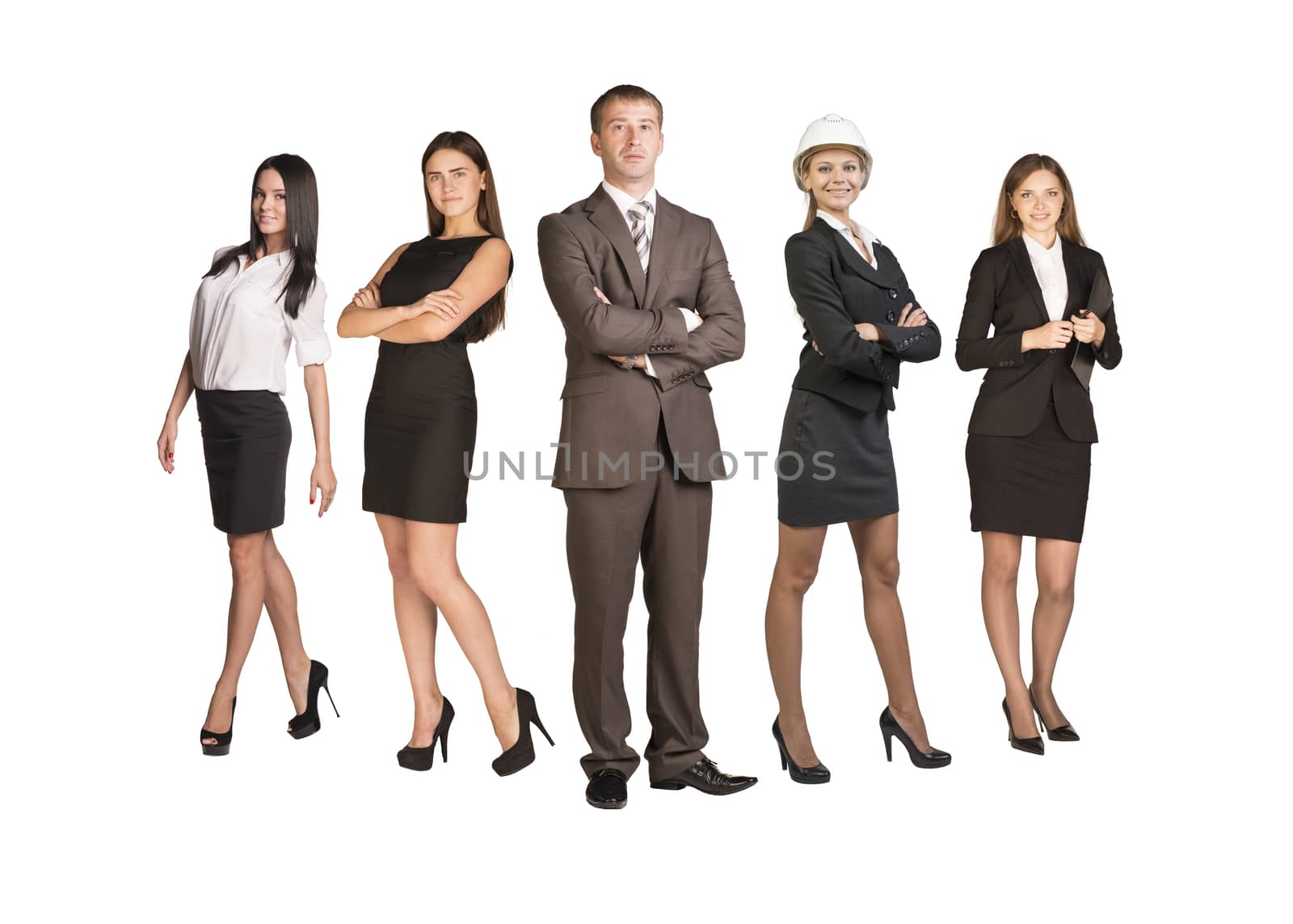 Young attractive business people looking at camera on isolated white background