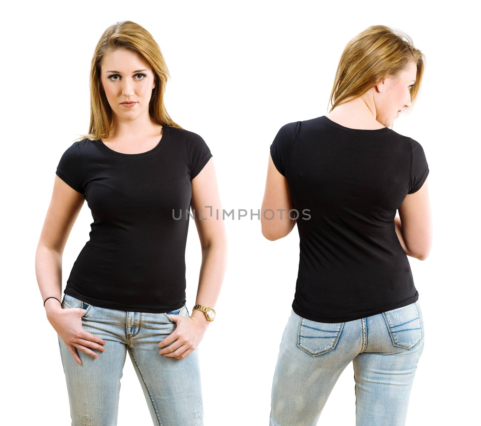 Blond woman wearing blank black shirt by sumners