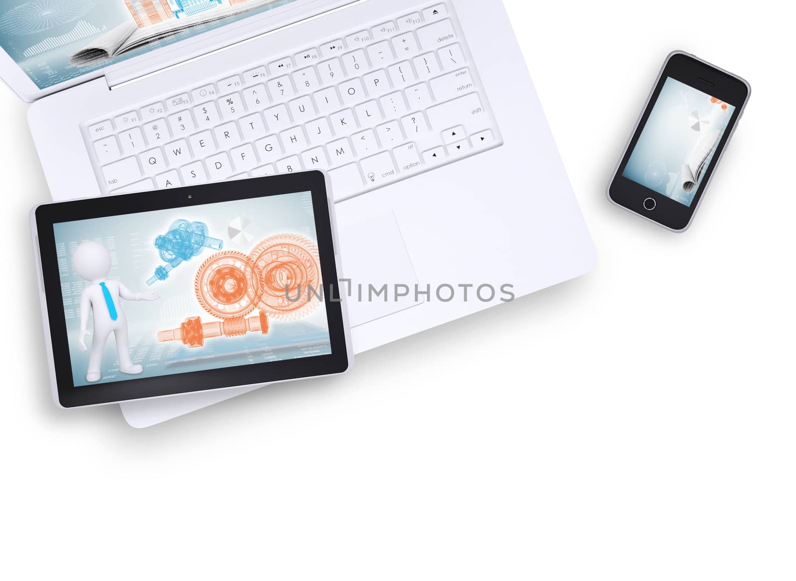 Tablet on laptop and mobile phone near on isolated white background, top view. Closed up
