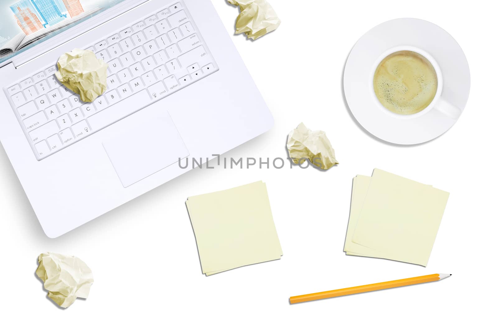 White laptop and crumpled piece of paper on isolated white background, top view. Closed up