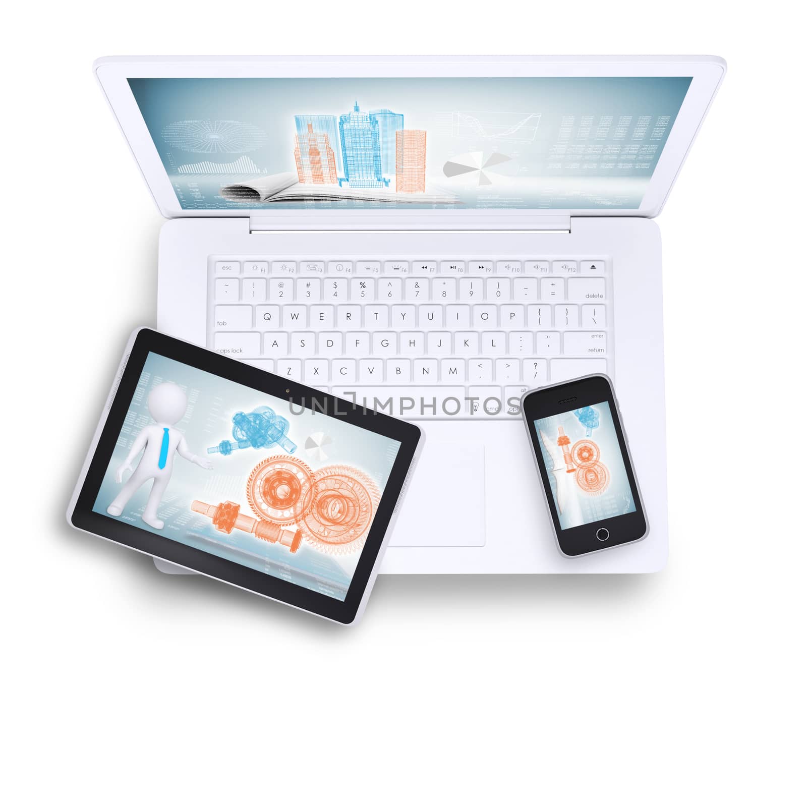 Laptop with tablet and mobile phone on isolated white background, top view
