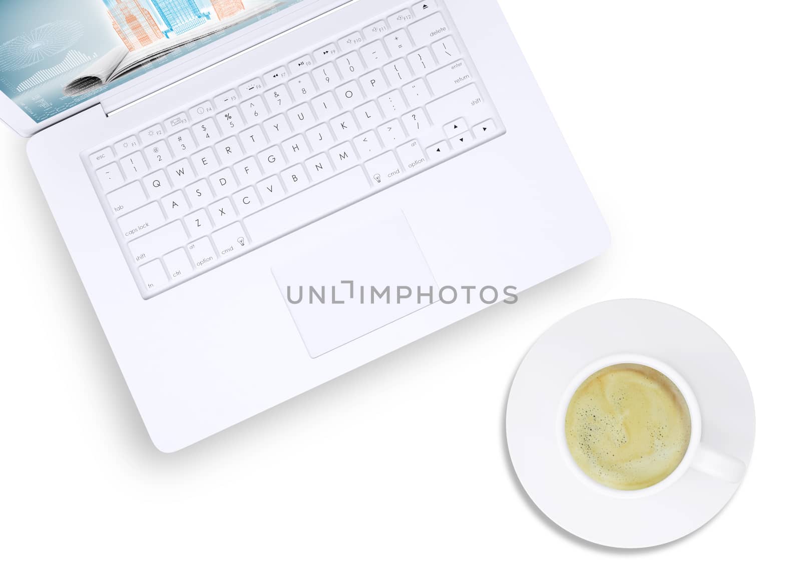 White laptop and cup of coffee on plate, top view by cherezoff