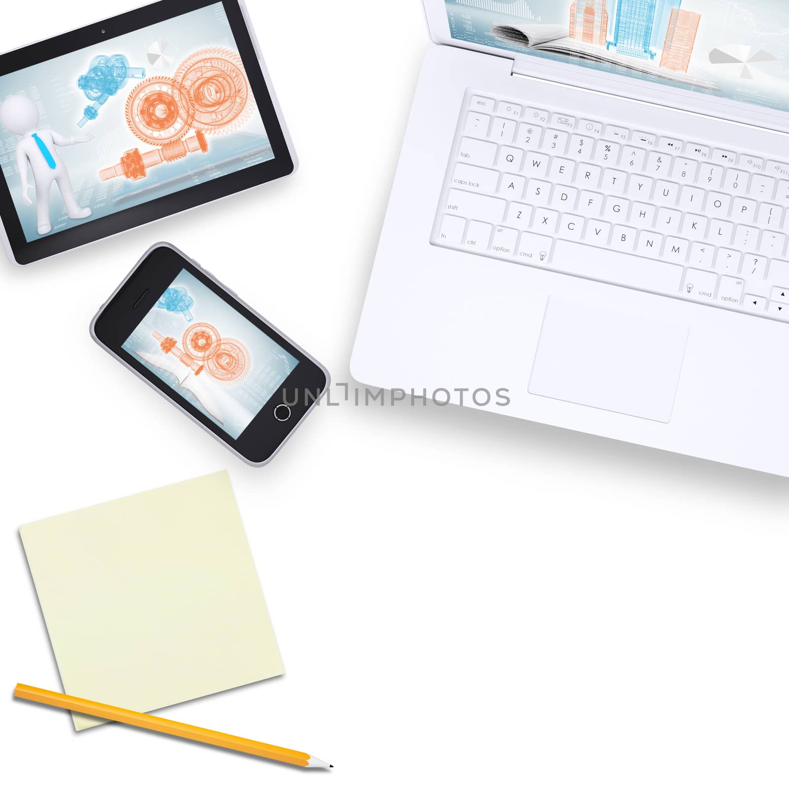 Laptop with tablet and mobile phone with note paper on isolated white background, top view