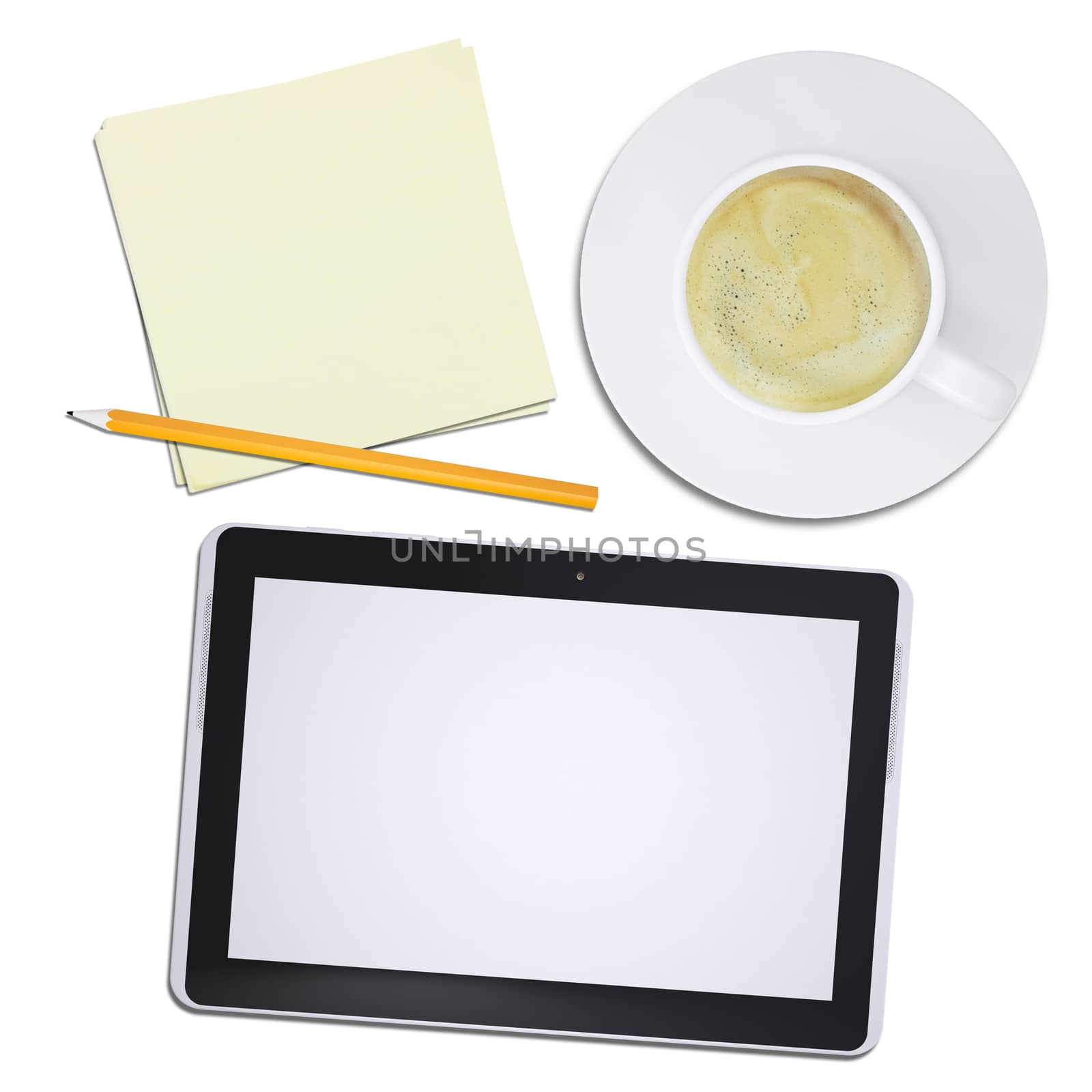 Black tablet and coffee cup on plate, top view by cherezoff