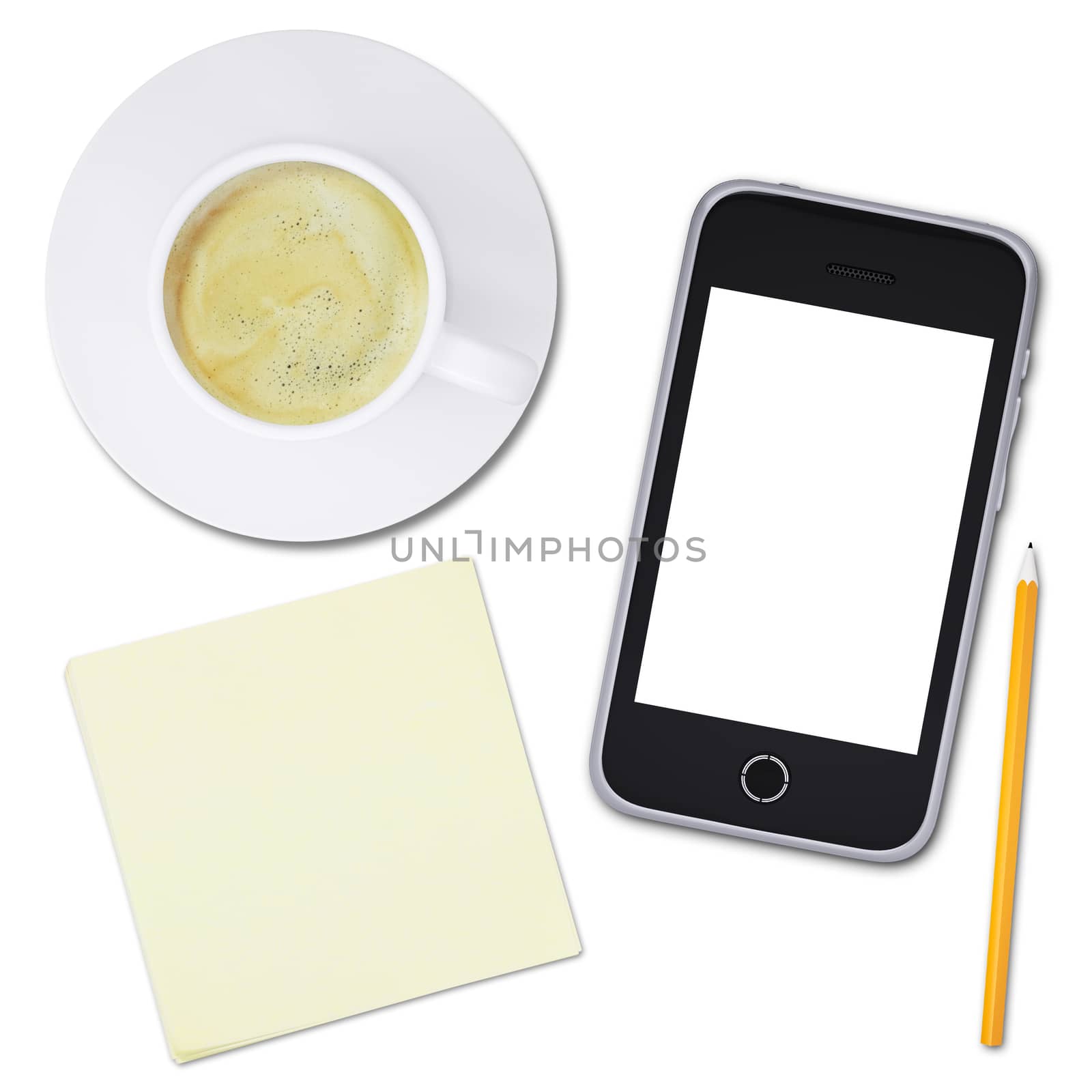 Black mobile phone and coffee cup on isolated white background, top view. Closed up