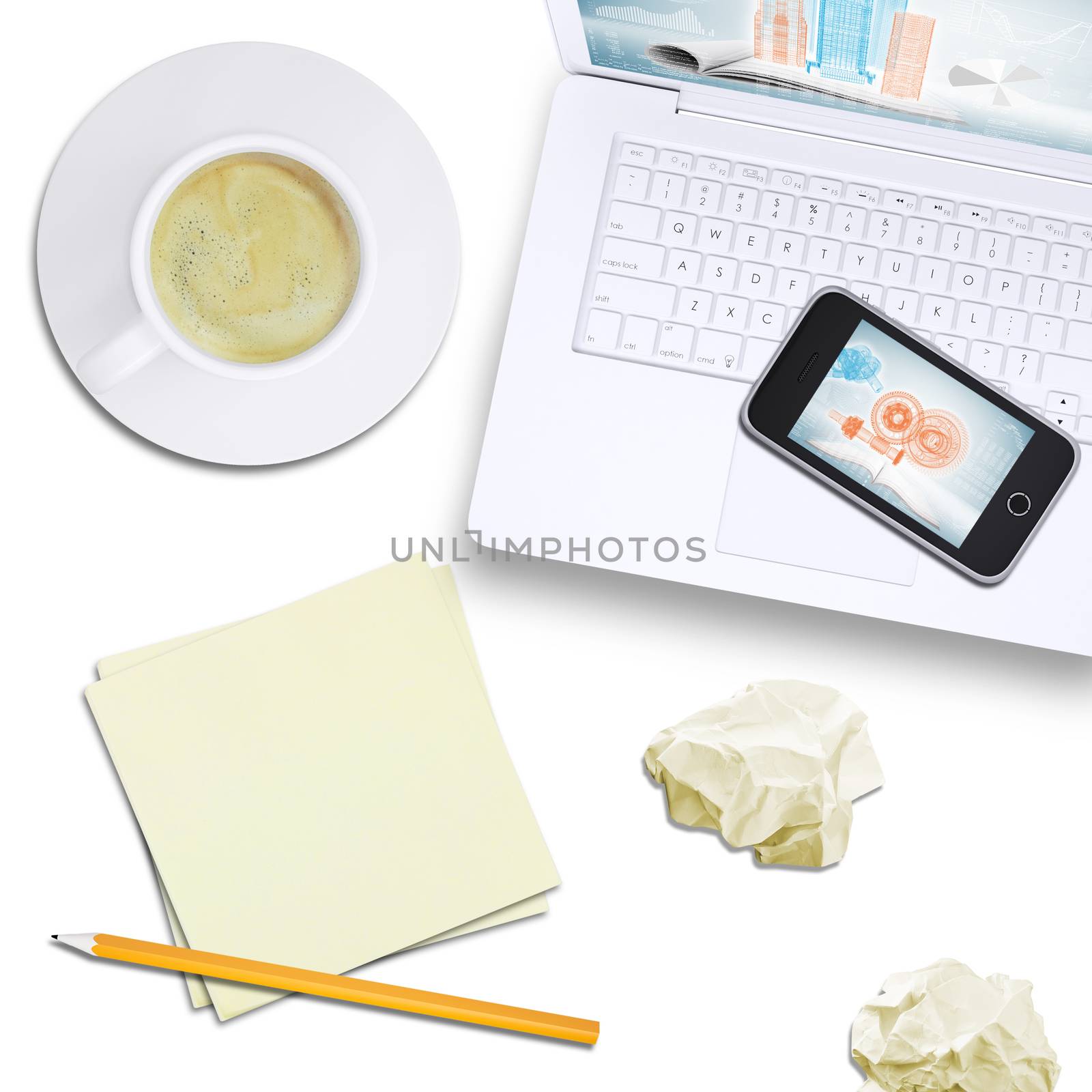 Phone on laptop with tablet and coffee by cherezoff