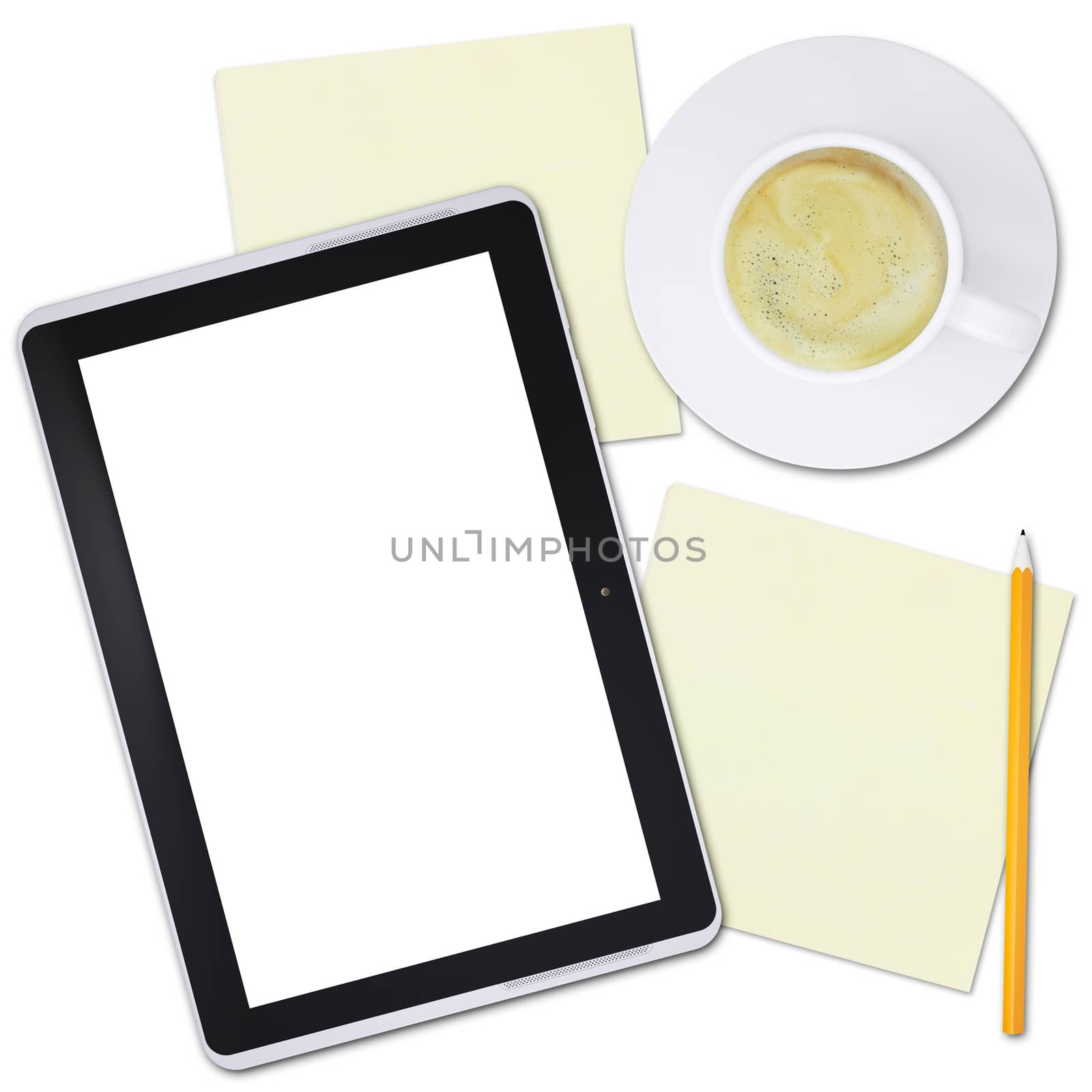 Black tablet and cup of coffee on plate, top view by cherezoff
