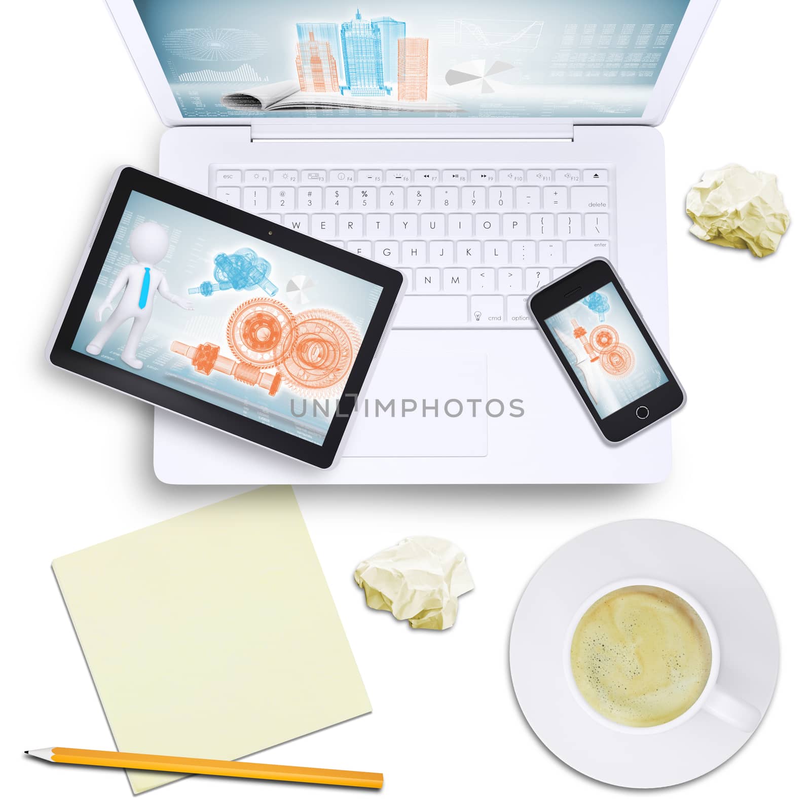 Tablet and mobile phone on laptop with coffee cup, crumpled paper on isolated white background, top view