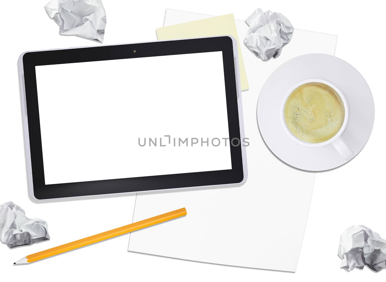 Black tablet with coffee and crumpled paper by cherezoff