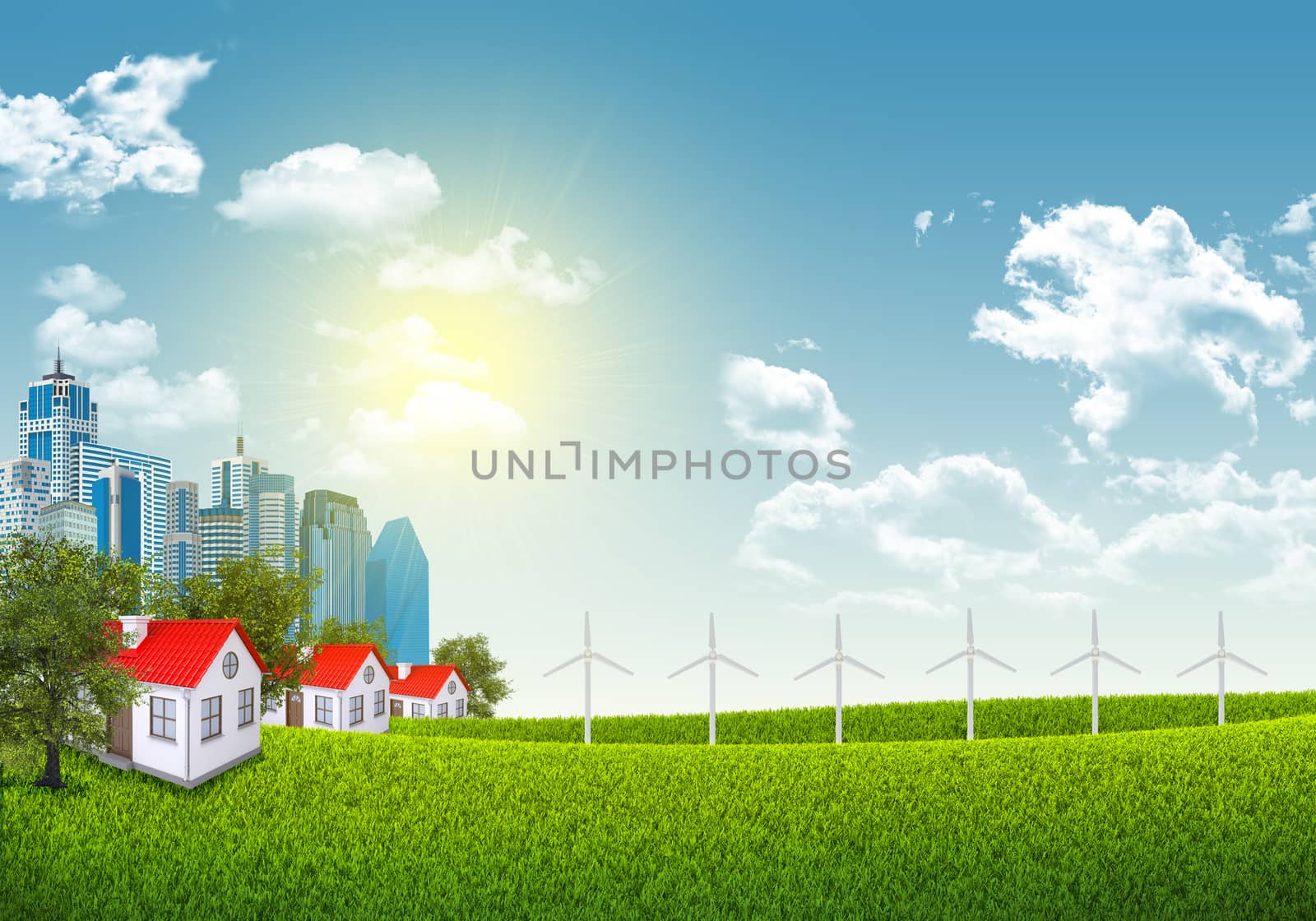 Cityscape with wind power station by cherezoff