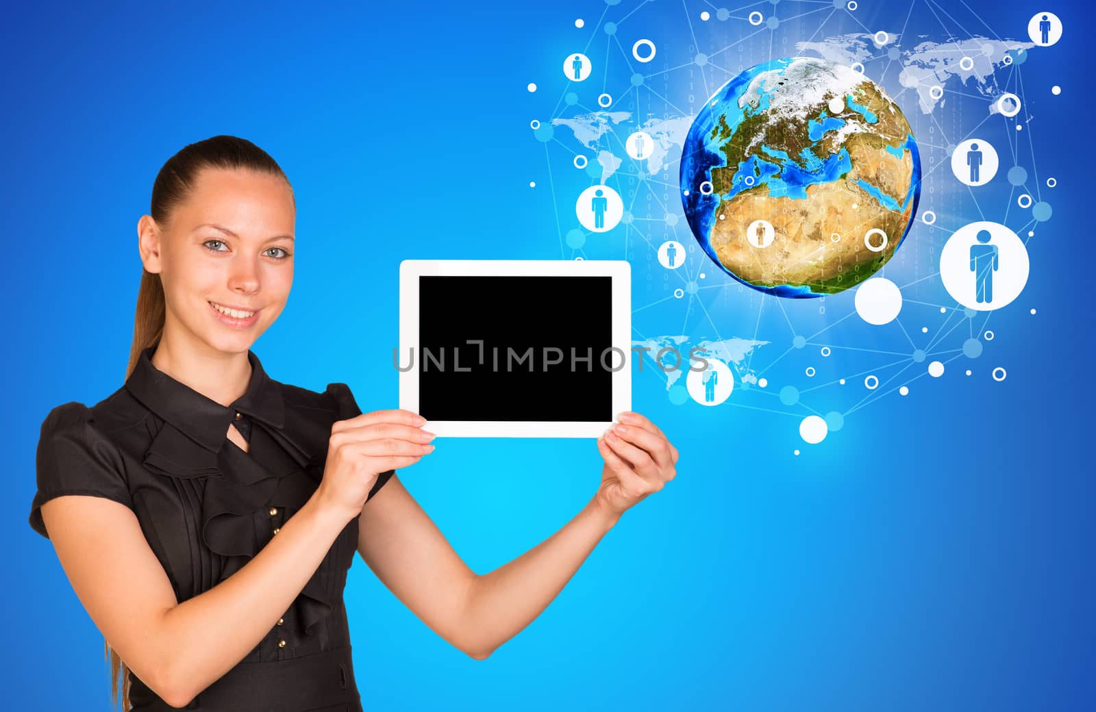 Young woman holging tablet looking at camera. Model of earth on blue background. Connection all over the world. Elements of this image furnished by NASA