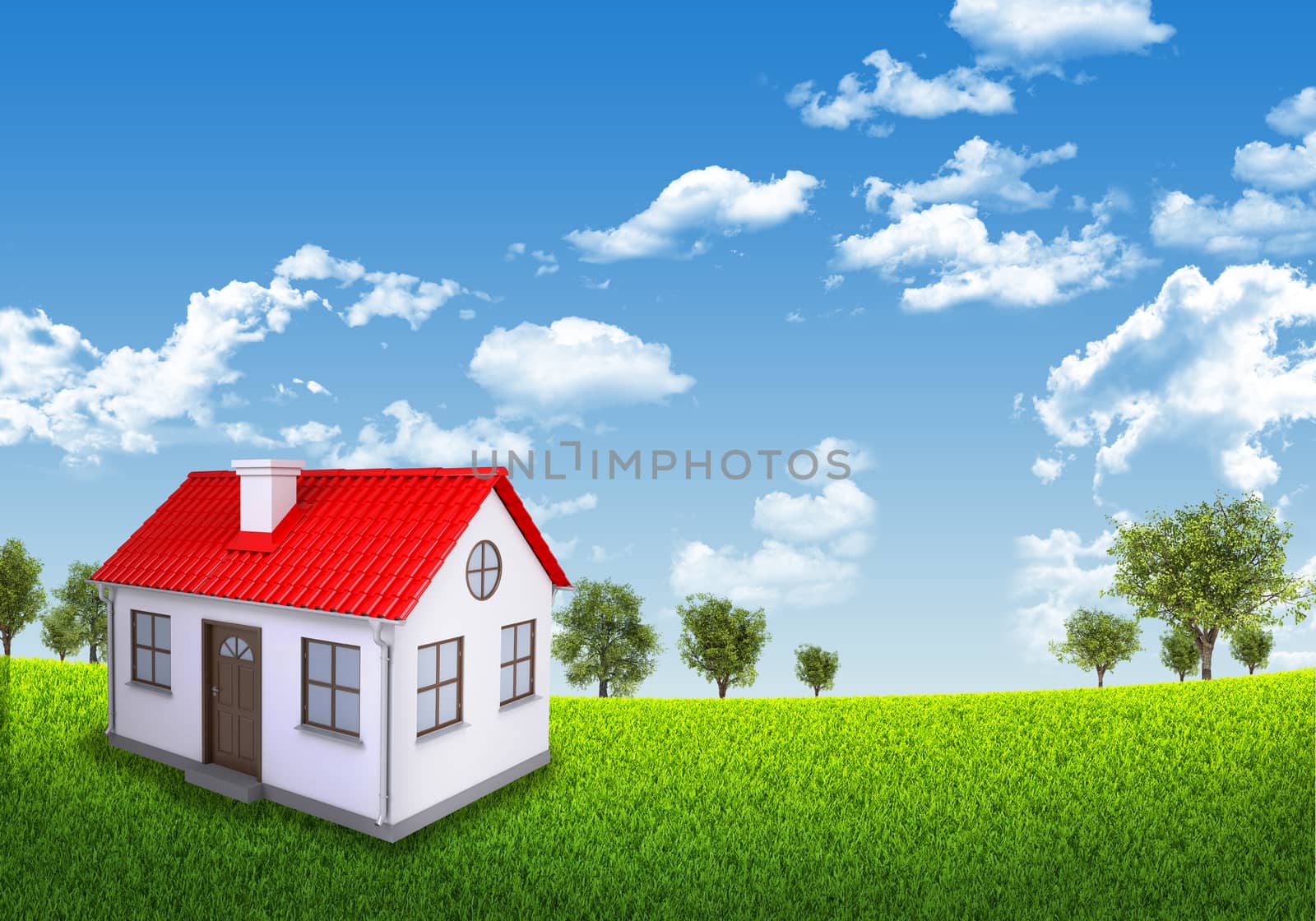 House green field under blue sky with white clouds, nature background