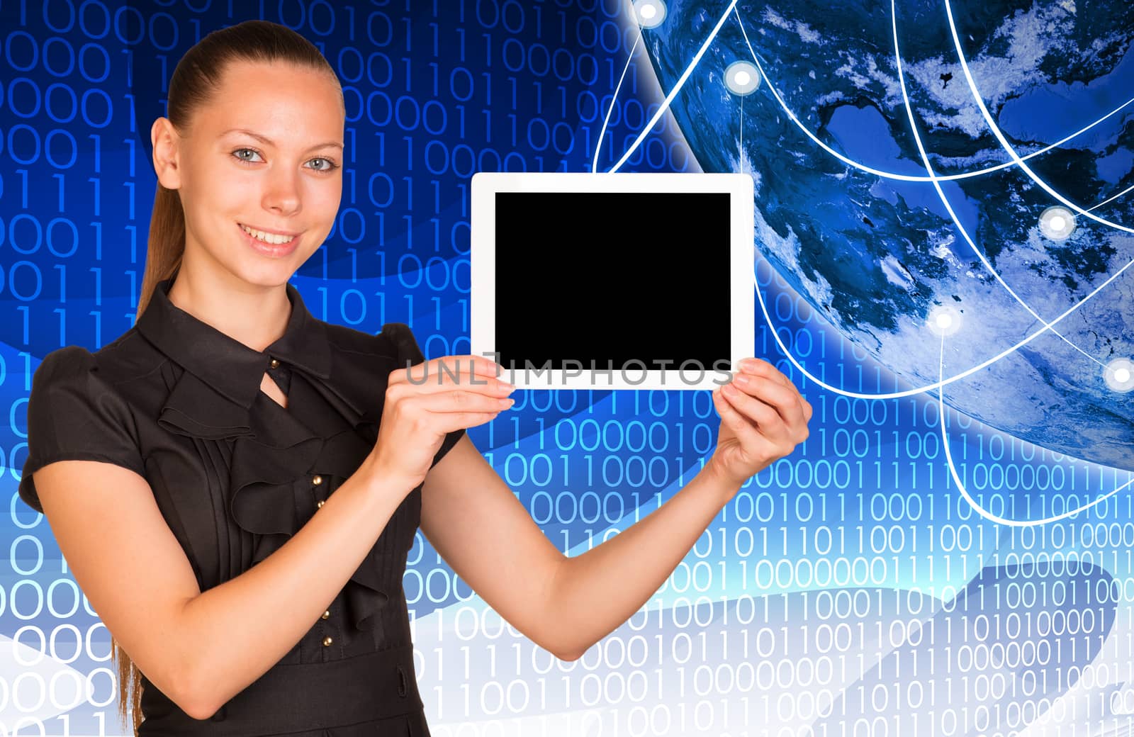Smiling young woman holging blank tablet looking at camera on earth model background. Connection all over the world. Elements of this image furnished by NASA