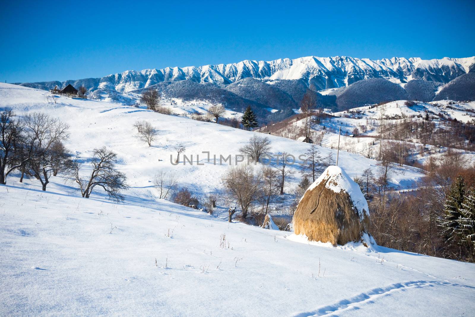 Typical winter scenic view hayracks from Bran Castle surroundings