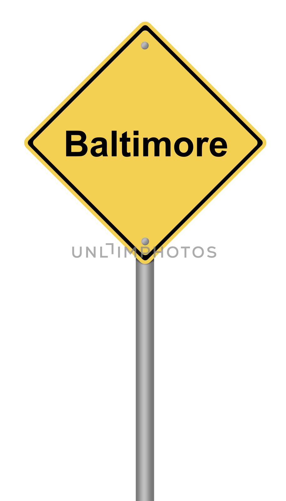 Yellow warning sign with the writing Baltiomre on whiate background.