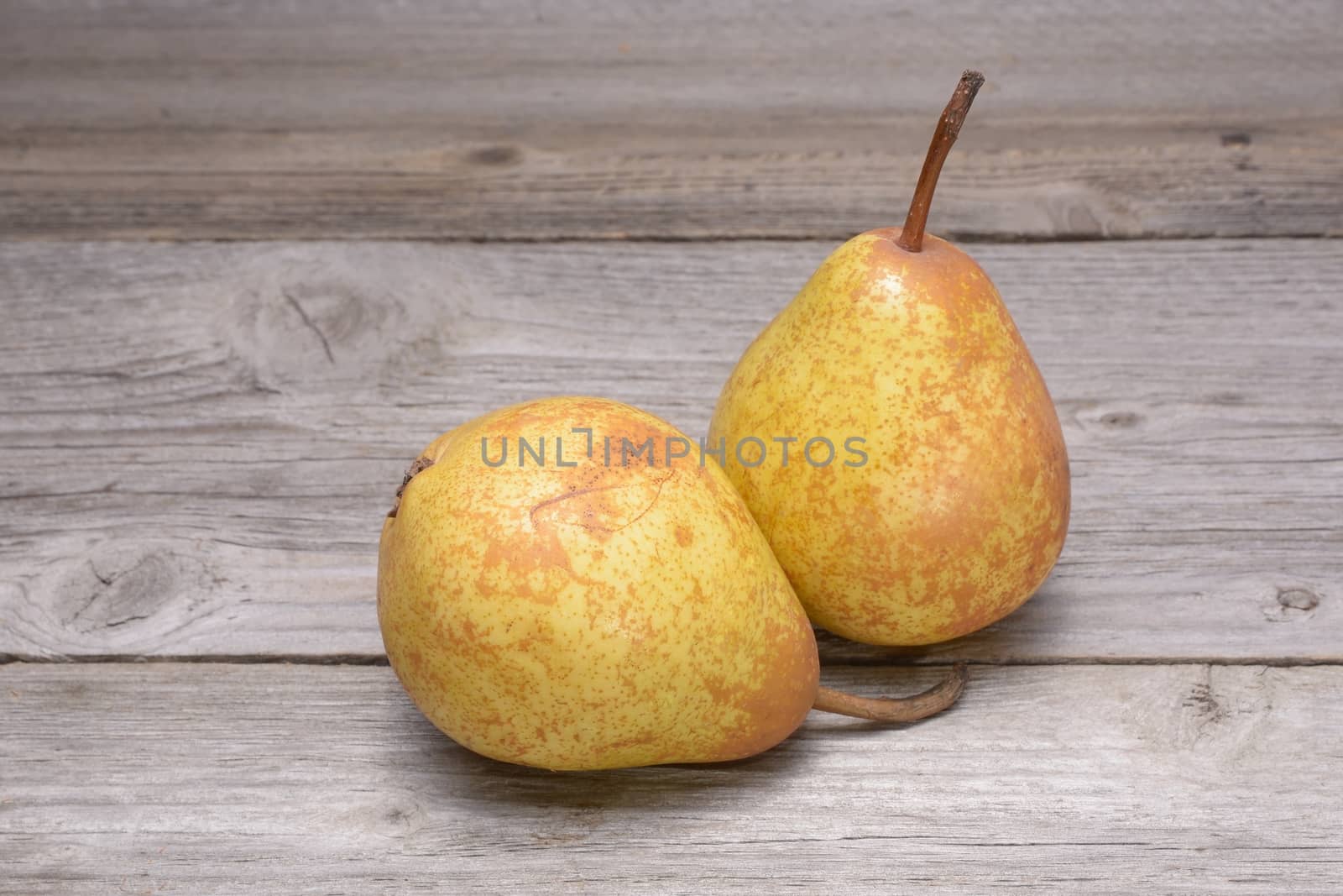 Golden pear on wood table. by comet