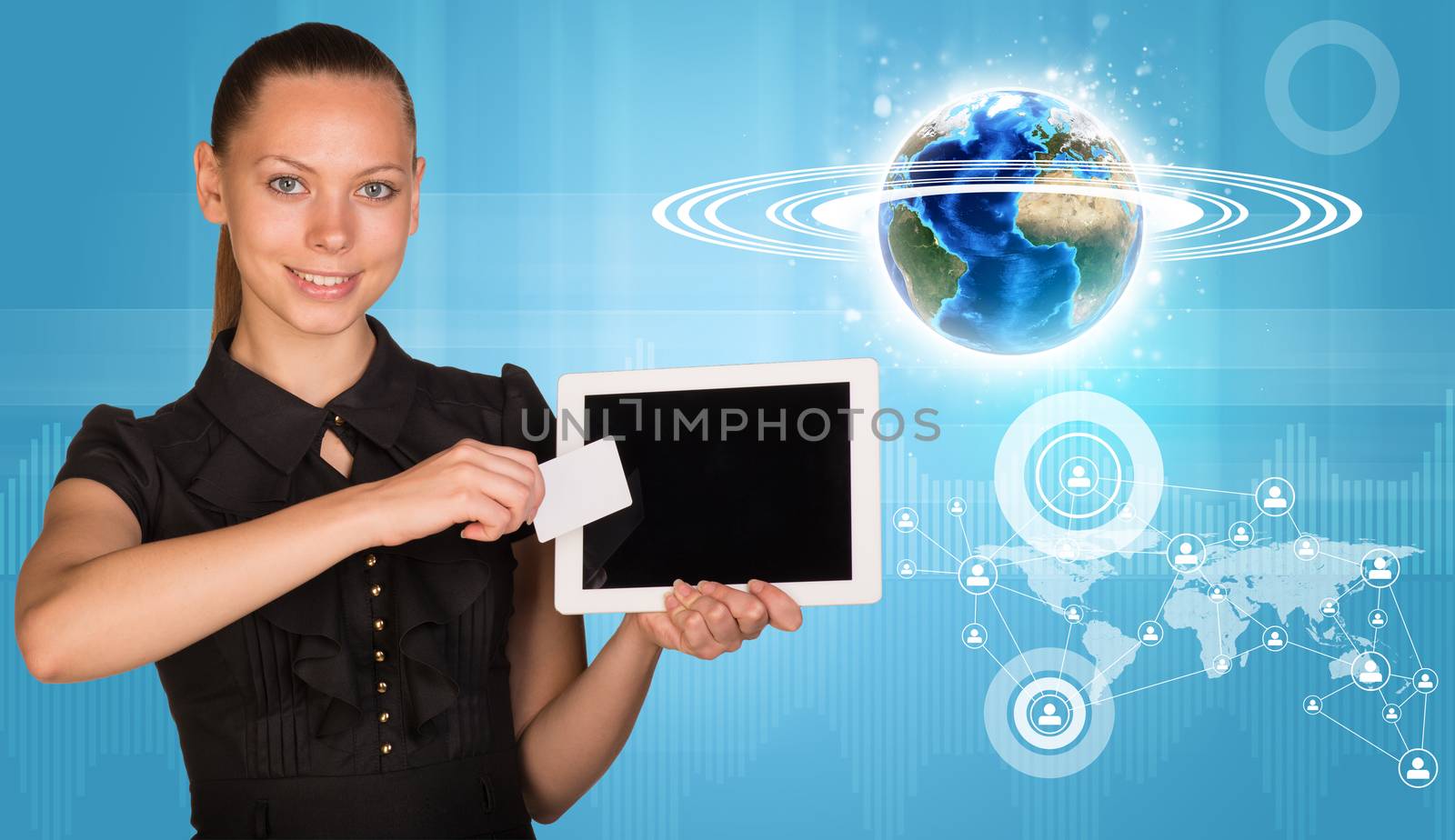 Smiling young woman holging tablet and blank card with 3d Earth model with circles around and looking at camera on abstract blue background. Elements of this image furnished by NASA