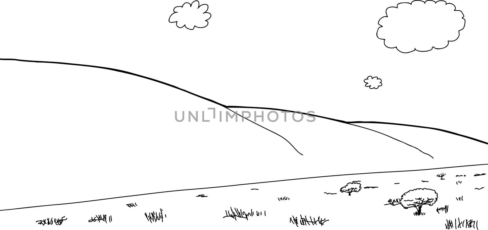 Outline drawing of savannah and mountains in background