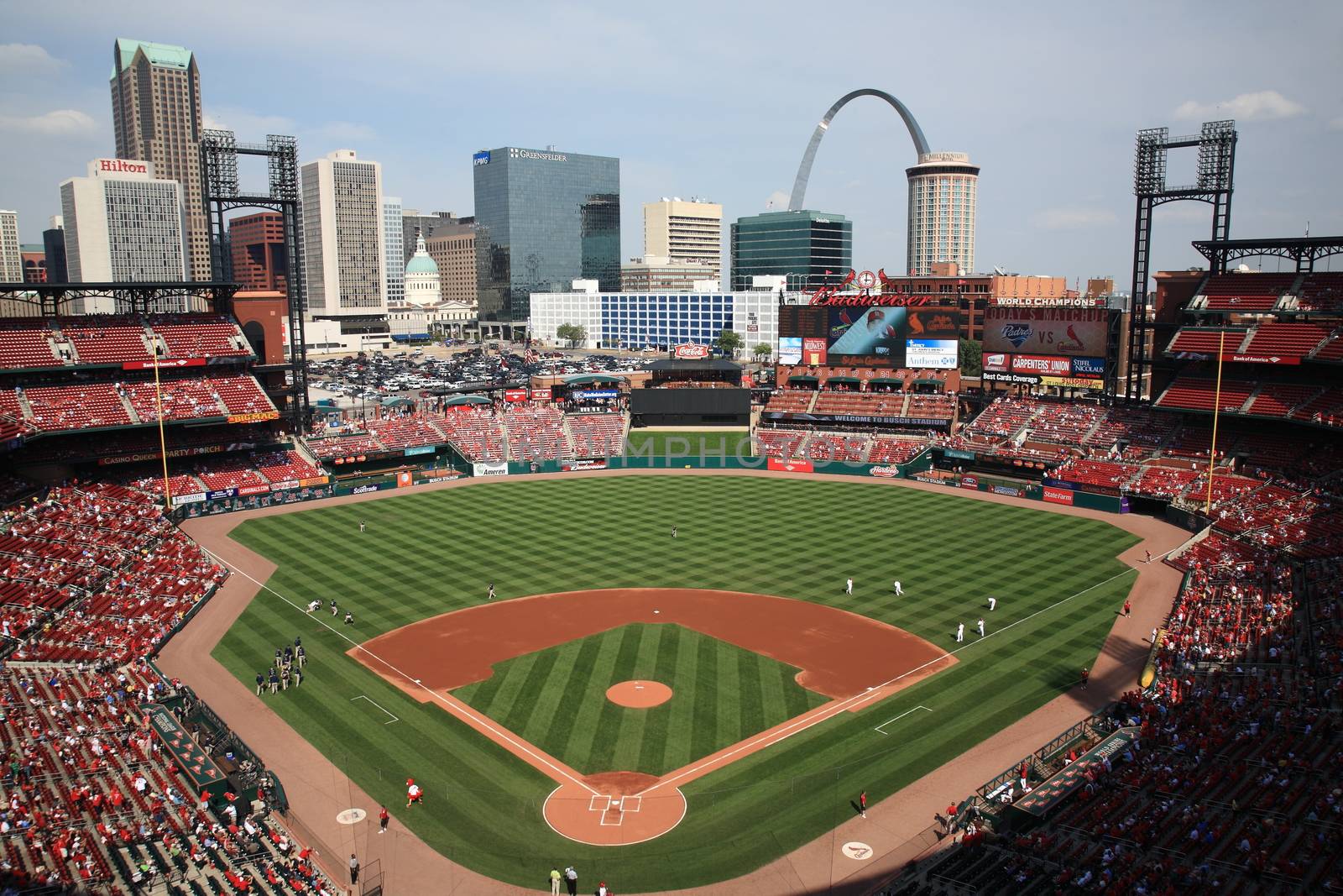 Busch Stadium, downtown ballpark of the St. Louis Cardinals, with the city skyline and Gateway Arch.