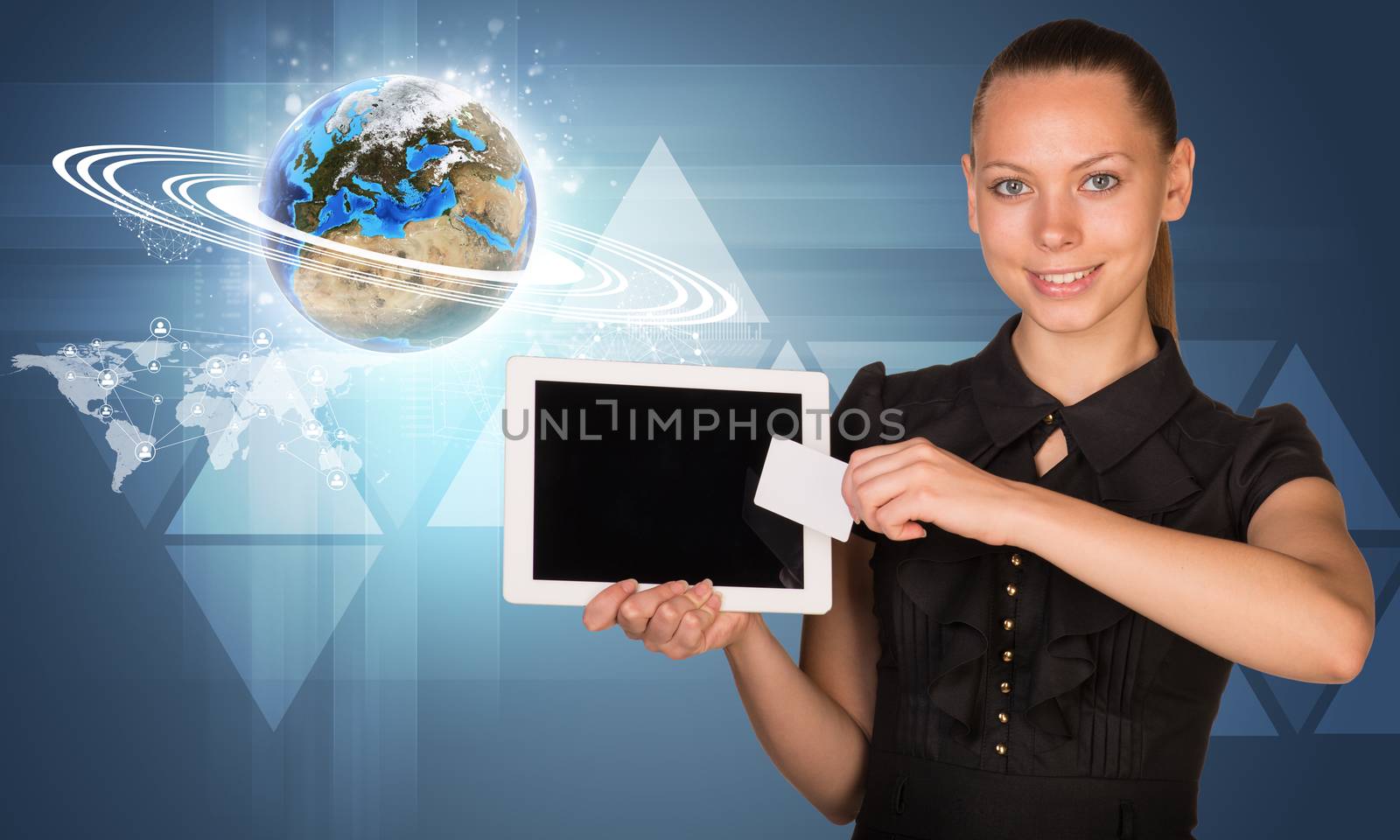 Smiling young woman holging tablet and blank card with glowing 3d Earth model and looking at camera on abstract blue background. Elements of this image furnished by NASA