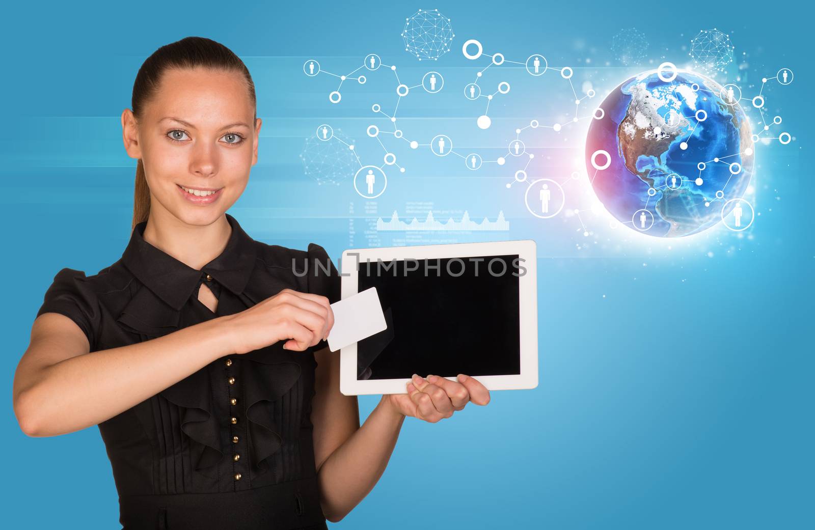 Smiling young woman in black dress holging tablet and blank card with 3d Earth model and looking at camera on abstract blue background. Elements of this image furnished by NASA