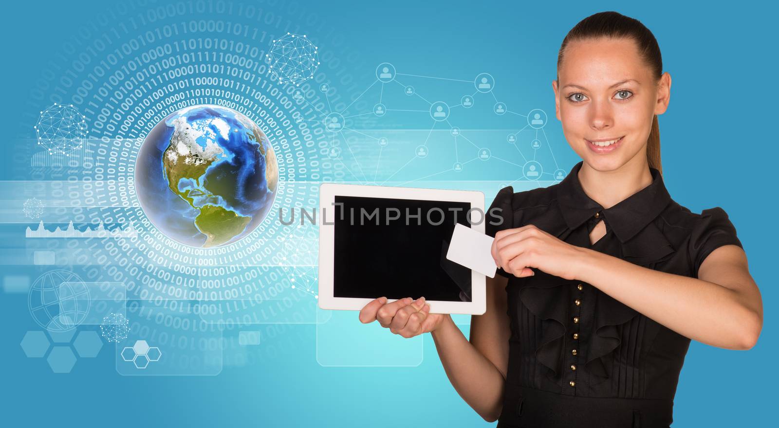 Smiling young woman holging tablet and blank card with 3d Earth model with numbers around and looking at camera on abstract blue background. Elements of this image furnished by NASA