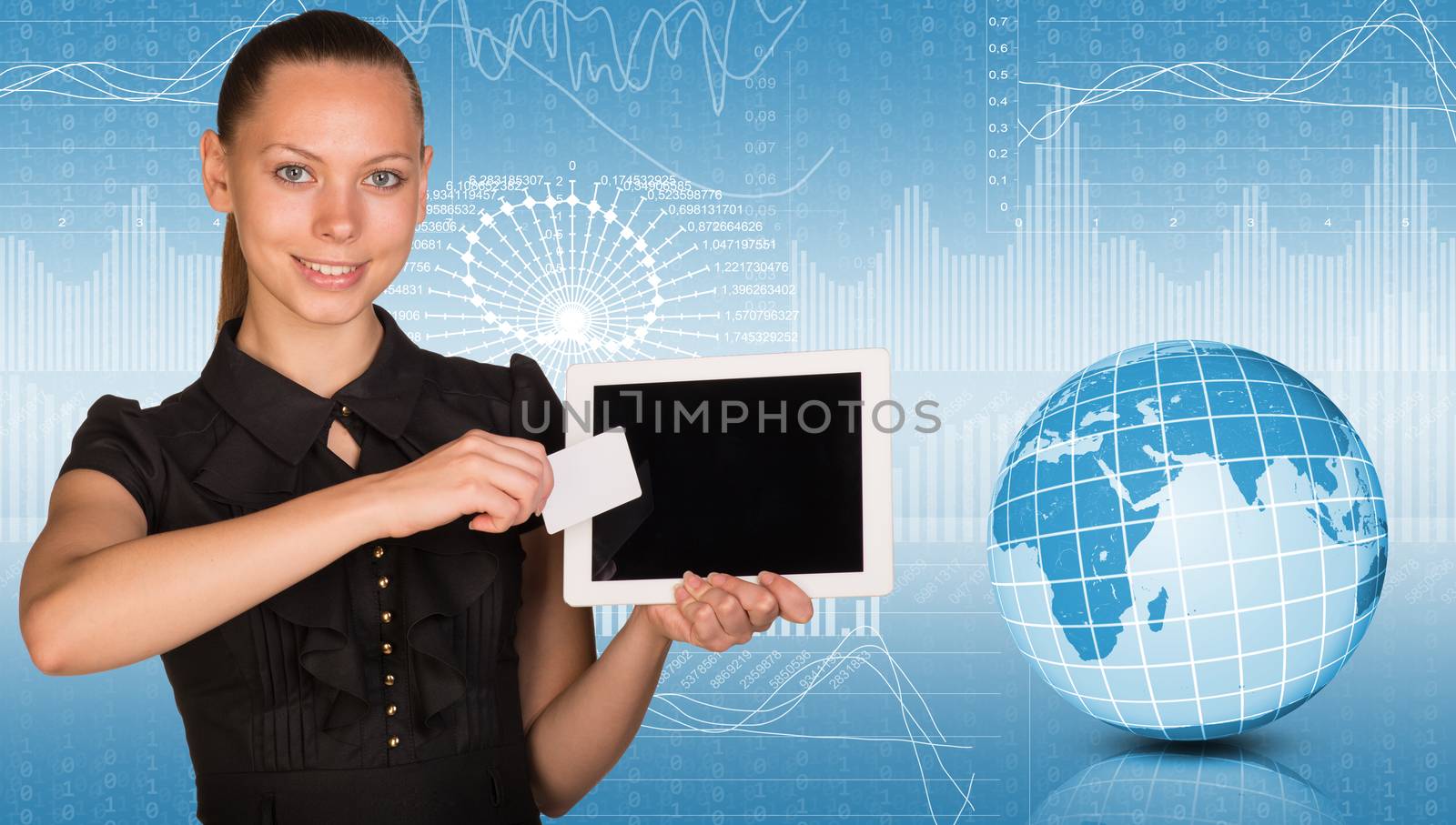 Young woman holging tablet and looking at camera. Model of earth on light background with graphical charts. Elements of this image furnished by NASA