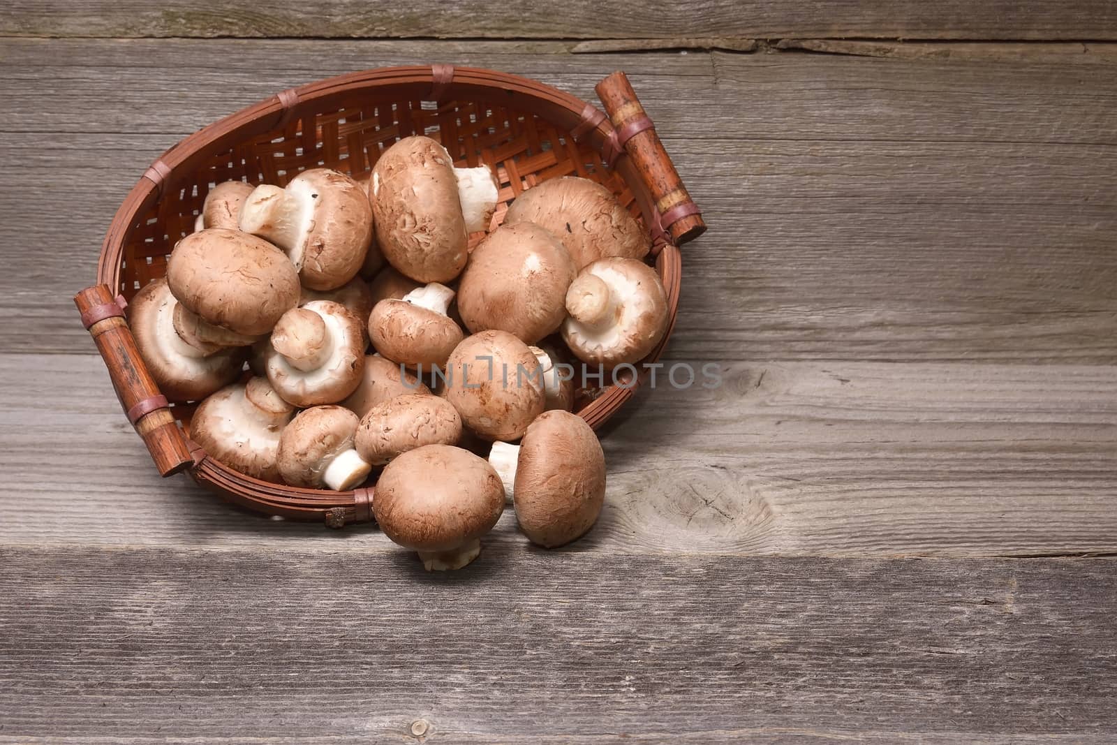 Fresh brown champignons on wooden background by comet