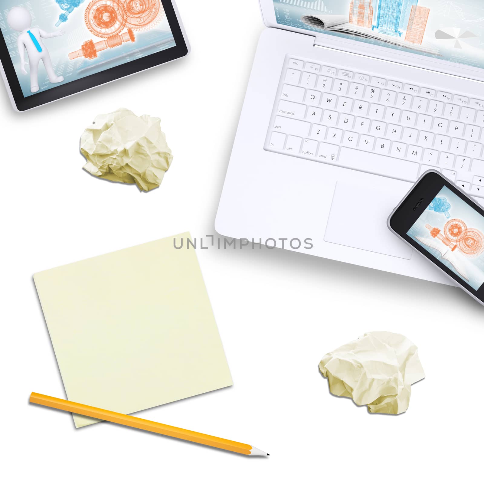 Mobile phone on laptop with tablet, note paper on isolated white background, top view