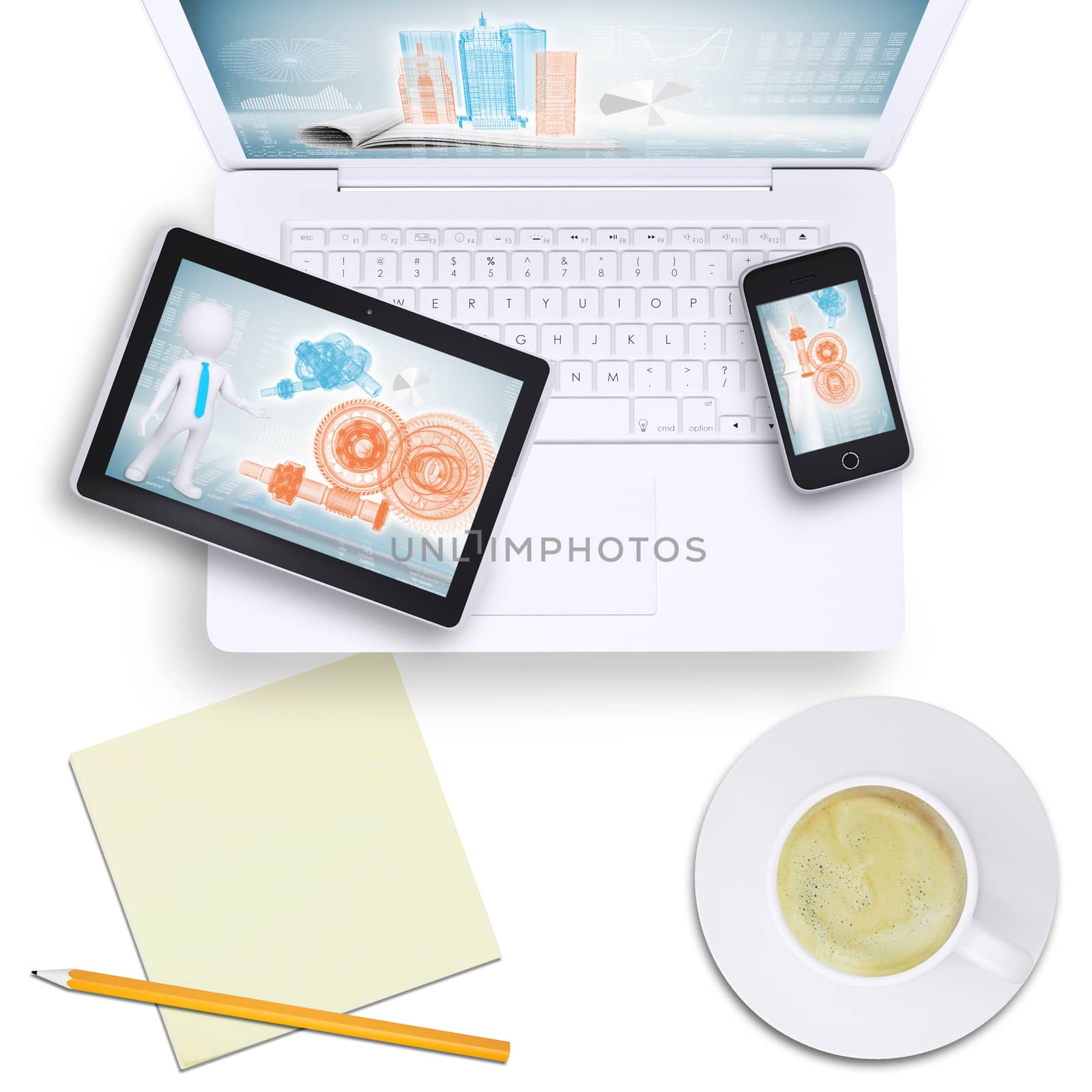 Tablet and mobile phone on laptop with coffee cup on isolated white background, top view