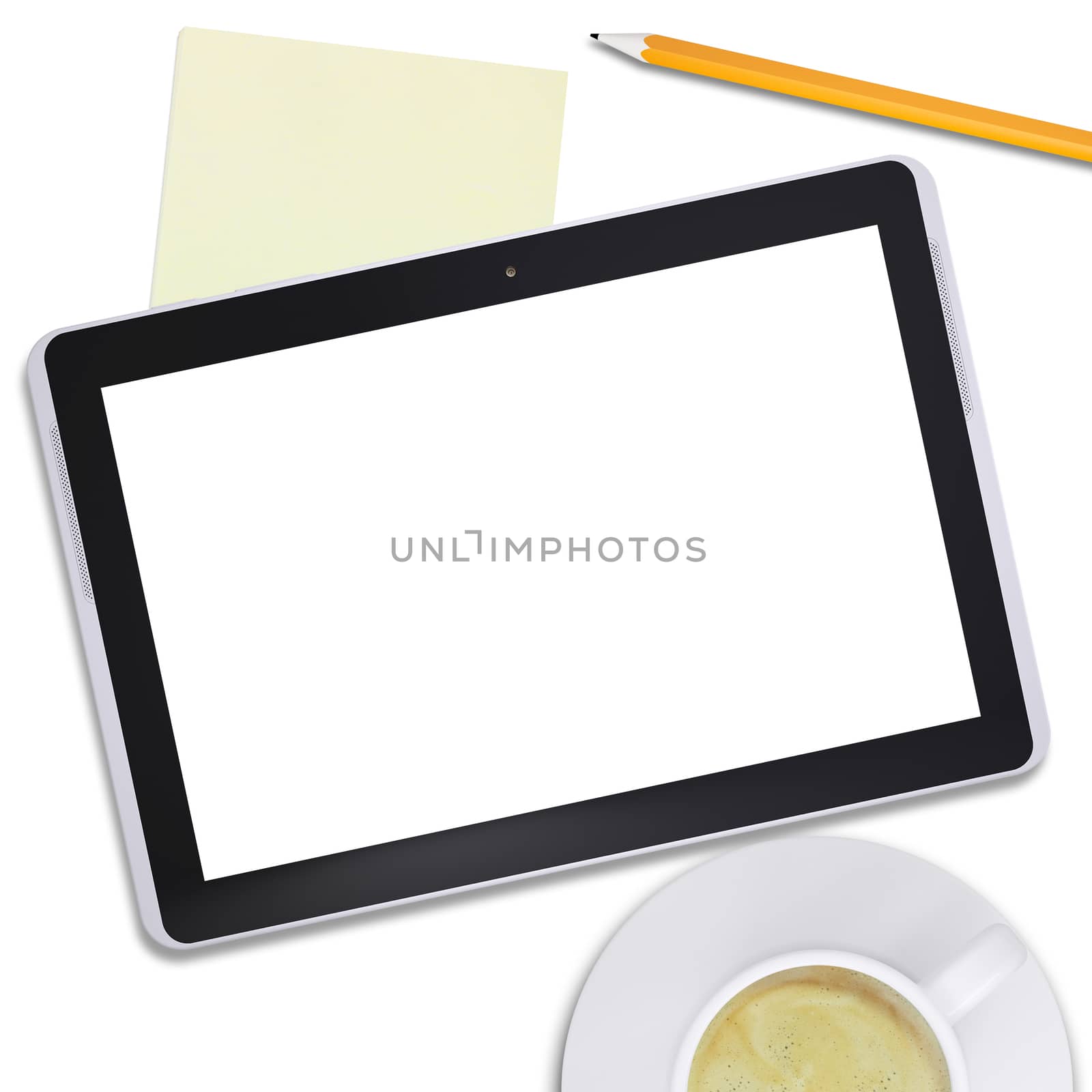 Black tablet and cup with coffee, pencil on isolated white background, top view. Closed up
