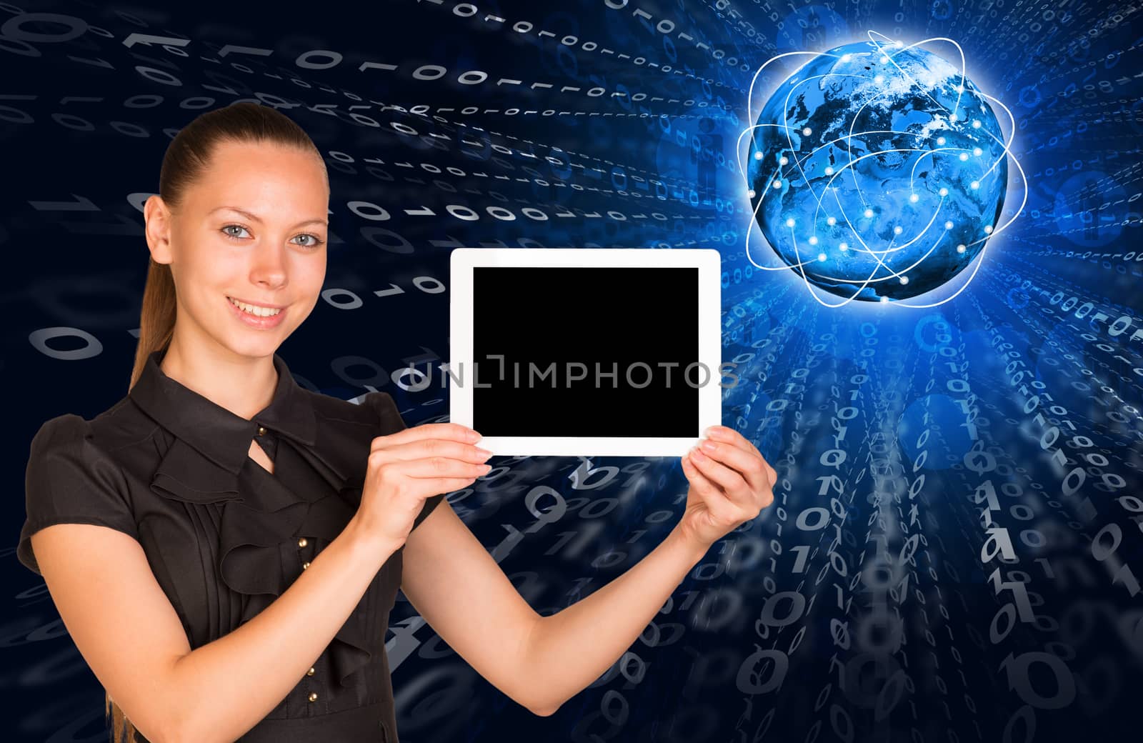 Smiling young woman holging tablet with blank screen and looking at camera blue background. Connection all over the world. Elements of this image furnished by NASA